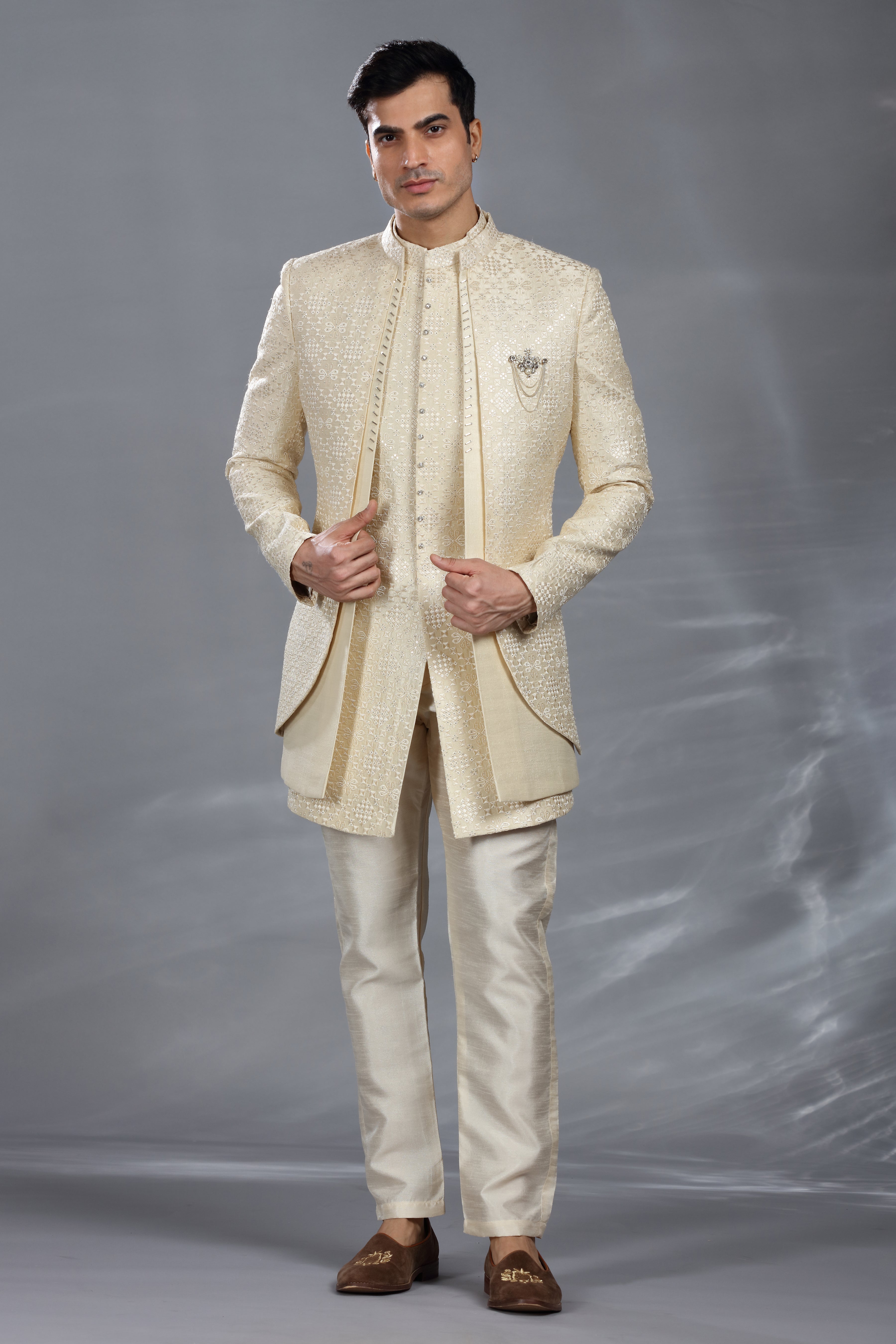 Cream Silk Indo Western with Thread, Sequence & Cut Dana Work