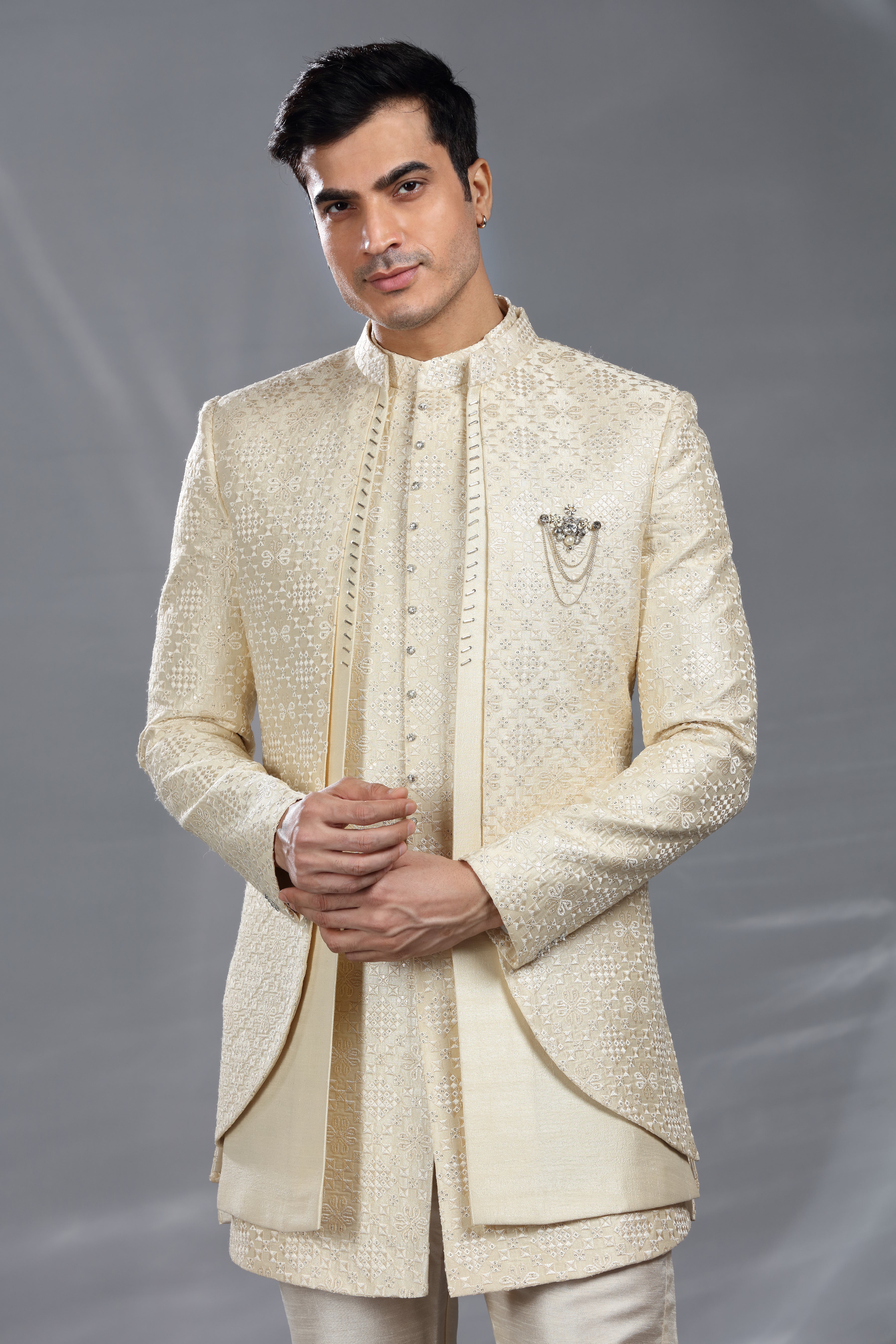 Cream Silk Indo Western with Thread, Sequence & Cut Dana Work