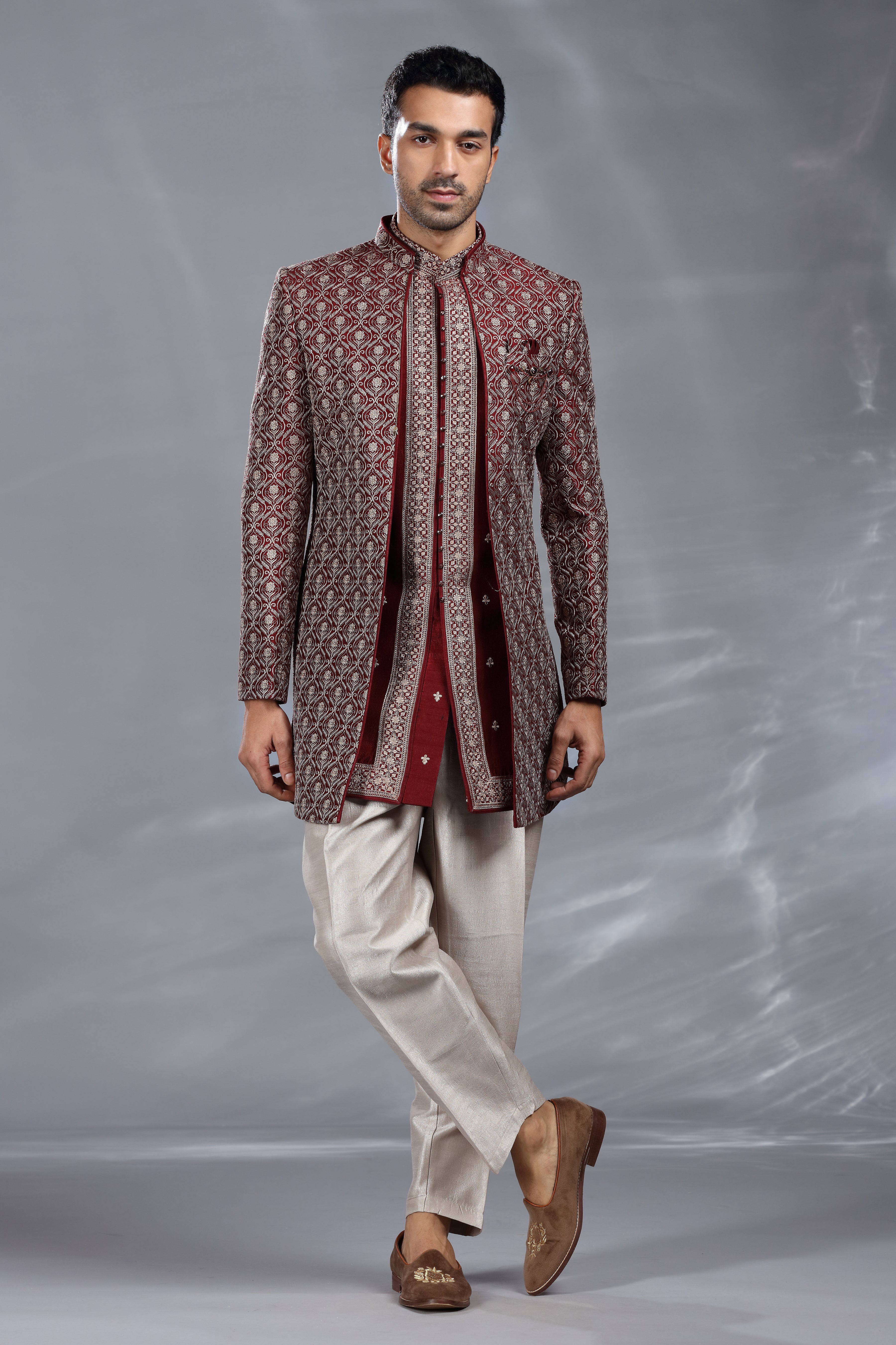 Maroon Silk Indo Western with Silver Thread Work