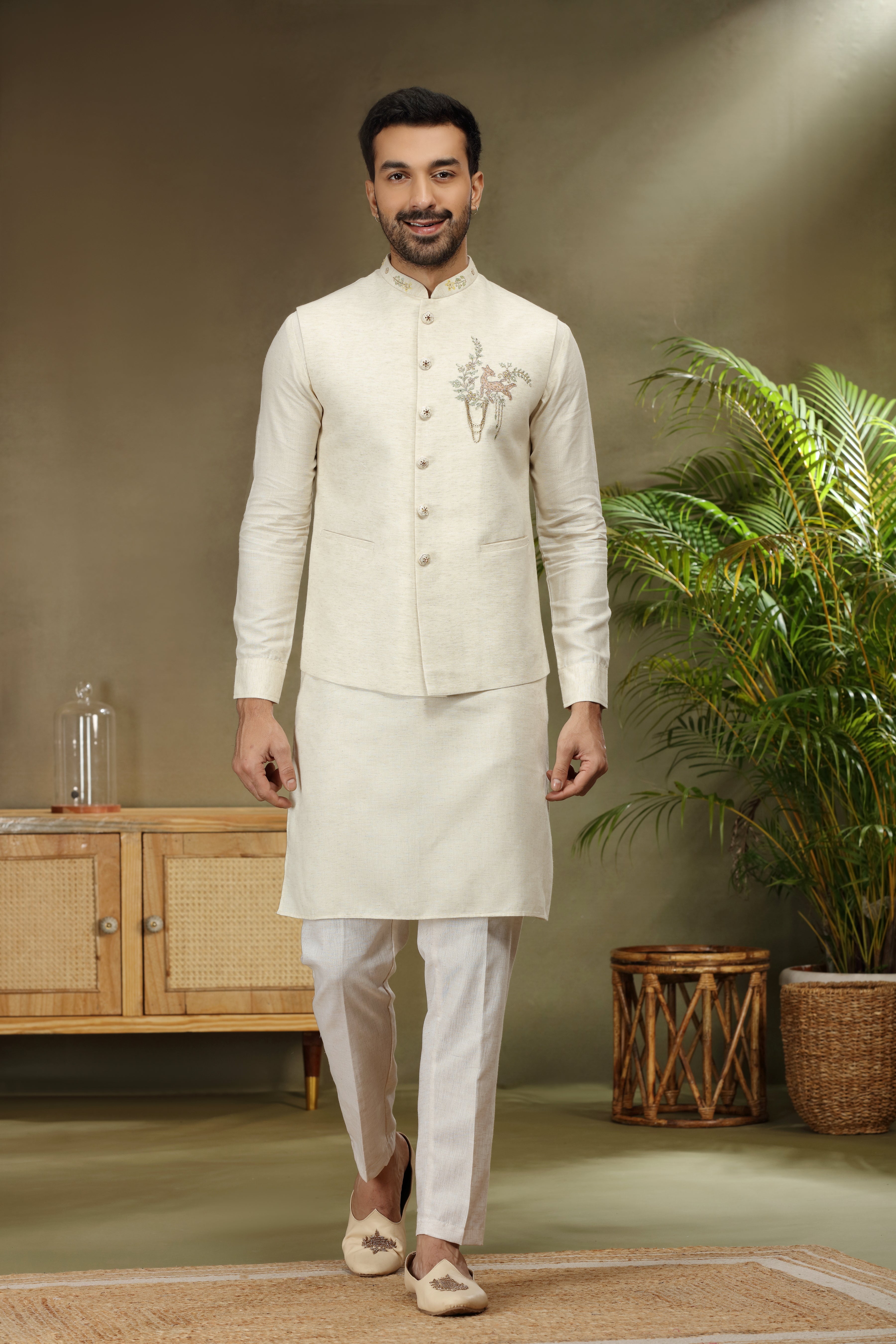 Ivory Silk Koti Kurta with Resham Cutdana Beads Work