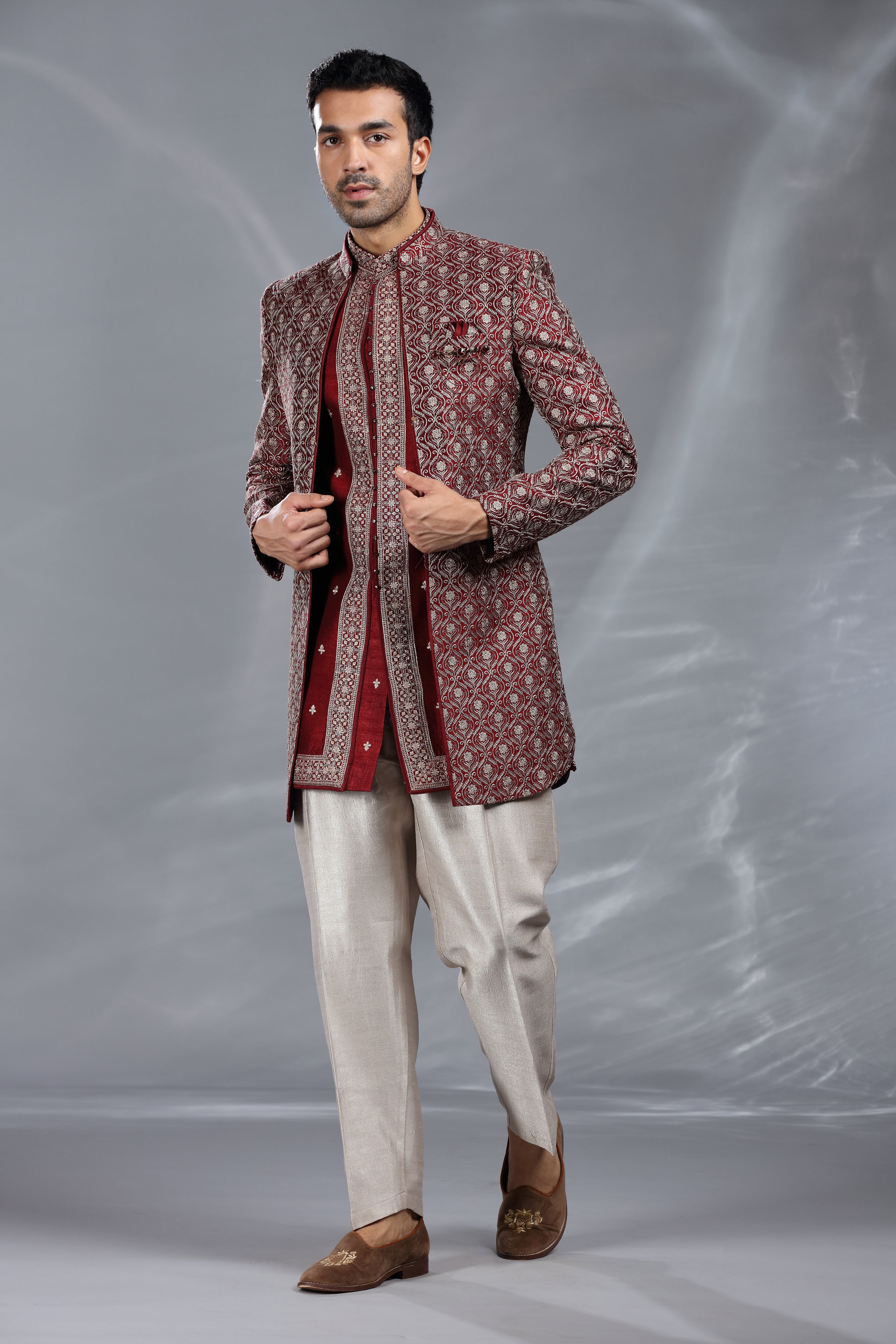 Maroon Silk Indo Western with Silver Thread Work