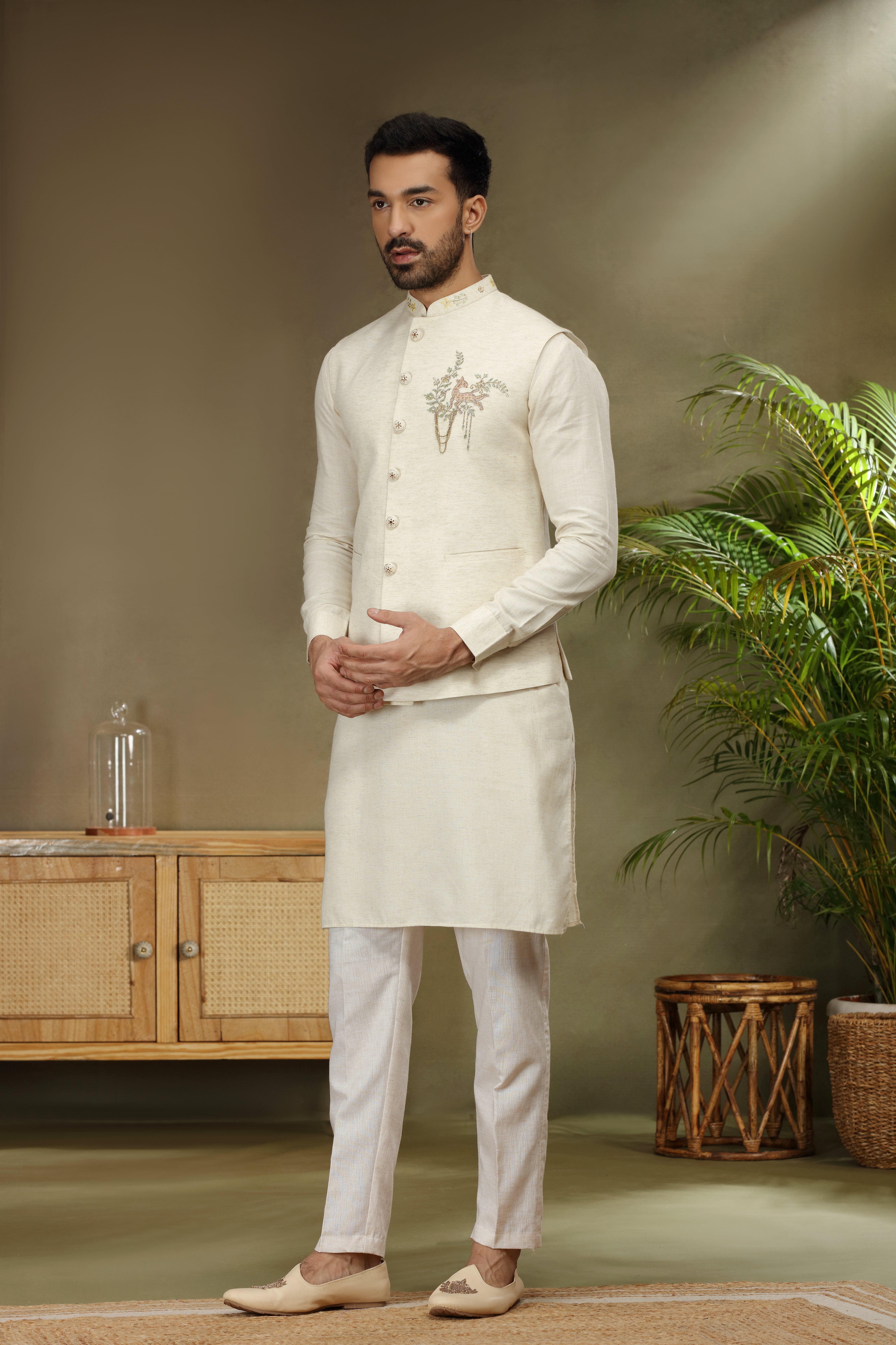 Ivory Silk Koti Kurta with Resham Cutdana Beads Work