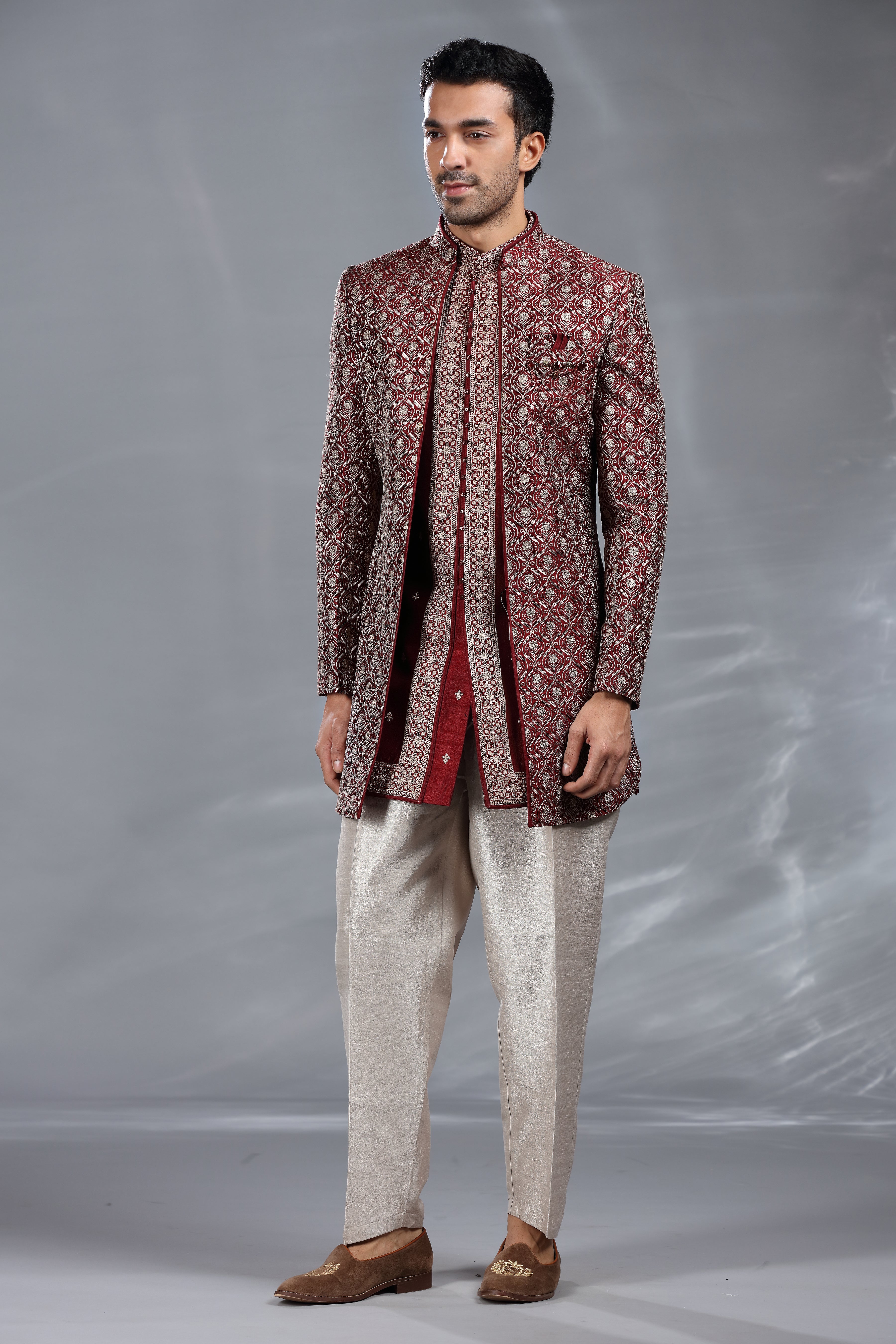 Maroon Silk Indo Western with Silver Thread Work