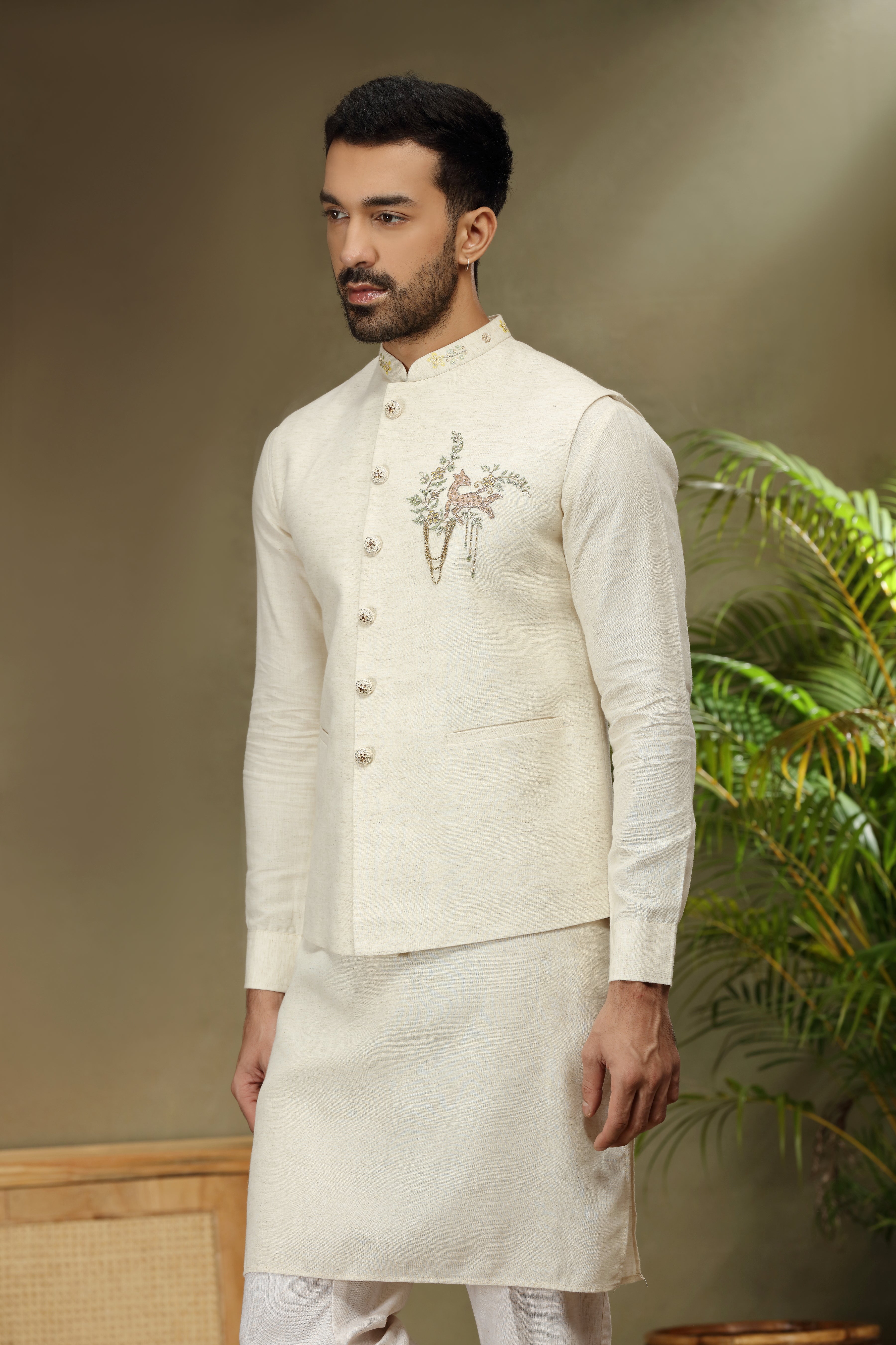 Ivory Silk Koti Kurta with Resham Cutdana Beads Work