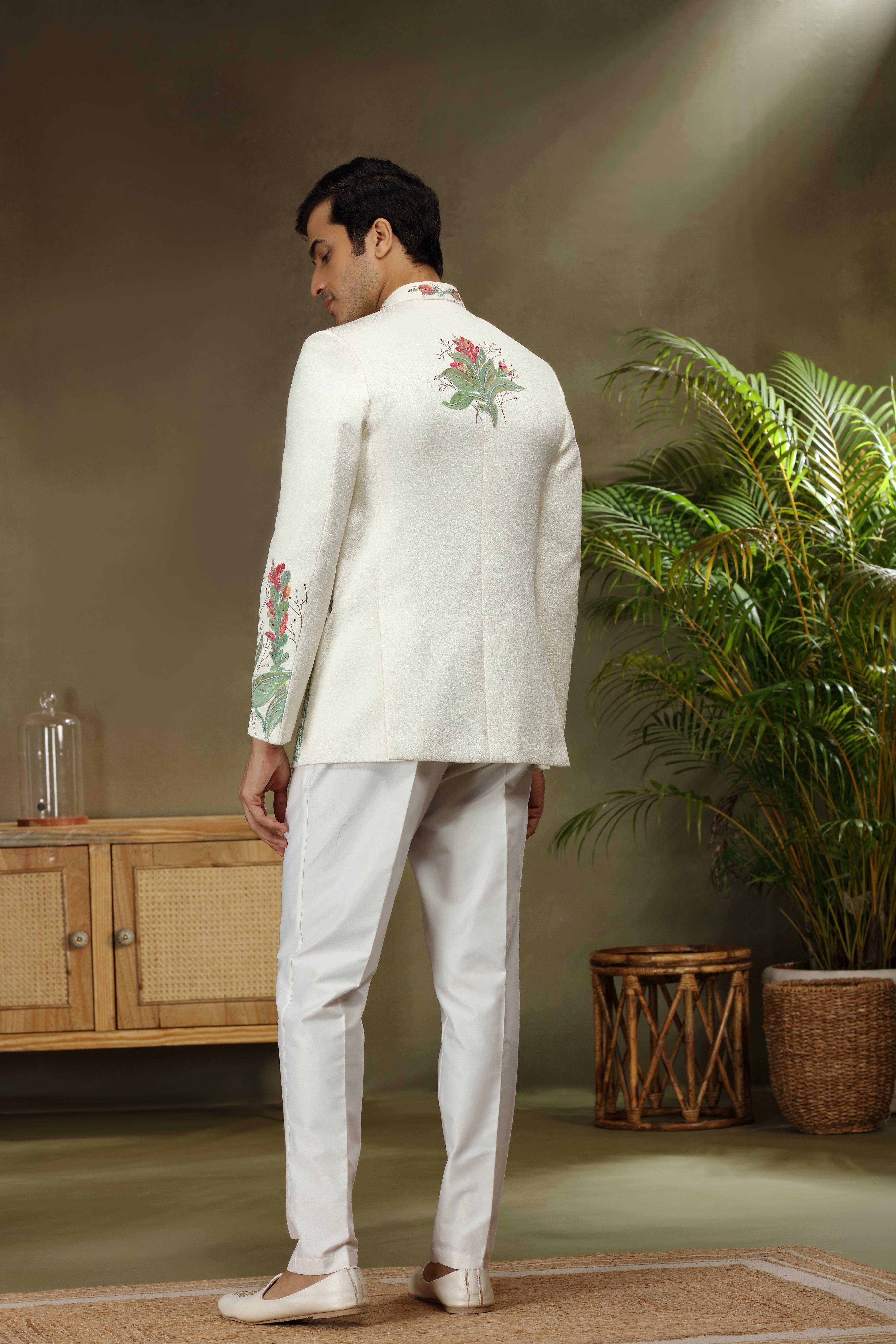 Off White Silk Jodhpuri Set with Paint Pearl Cutdana