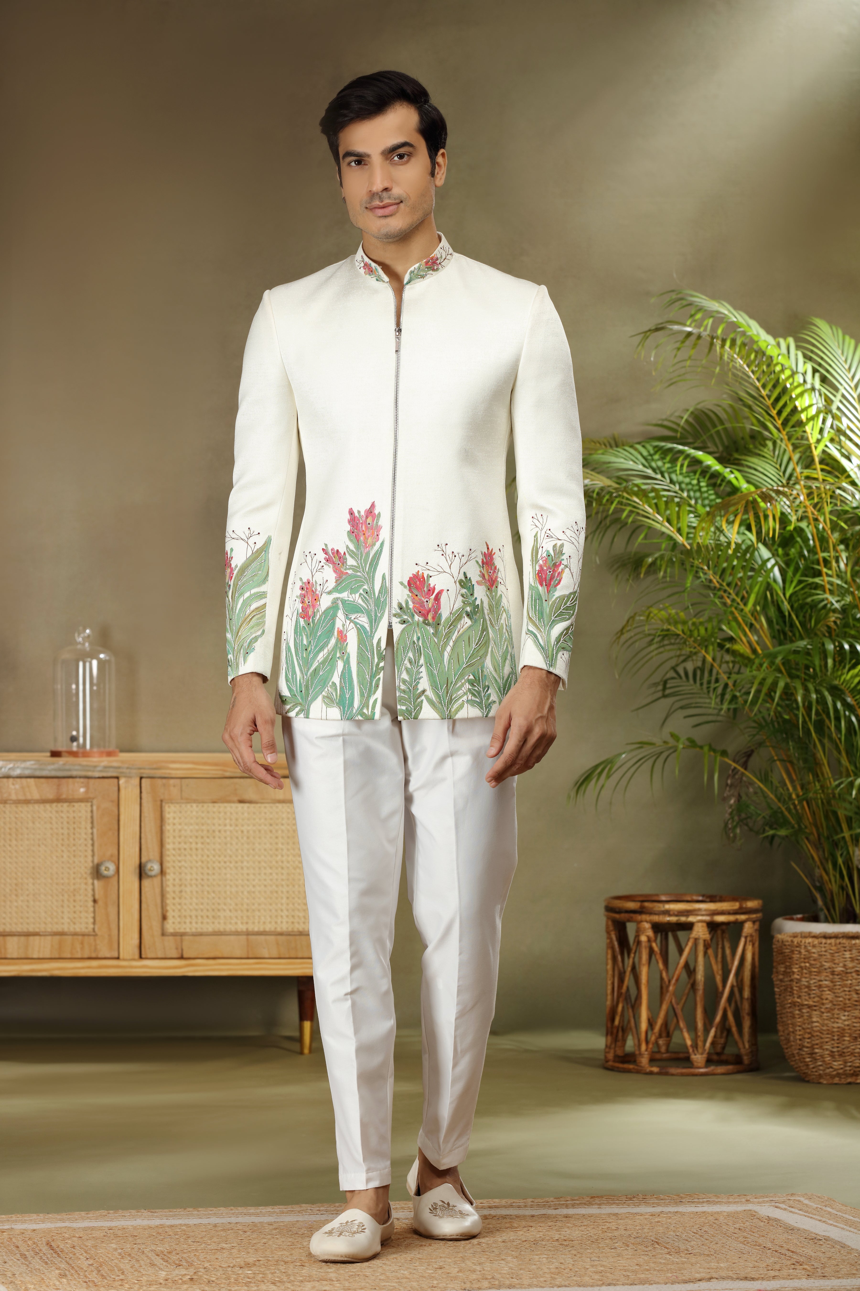 Off White Silk Jodhpuri Set with Paint Pearl Cutdana