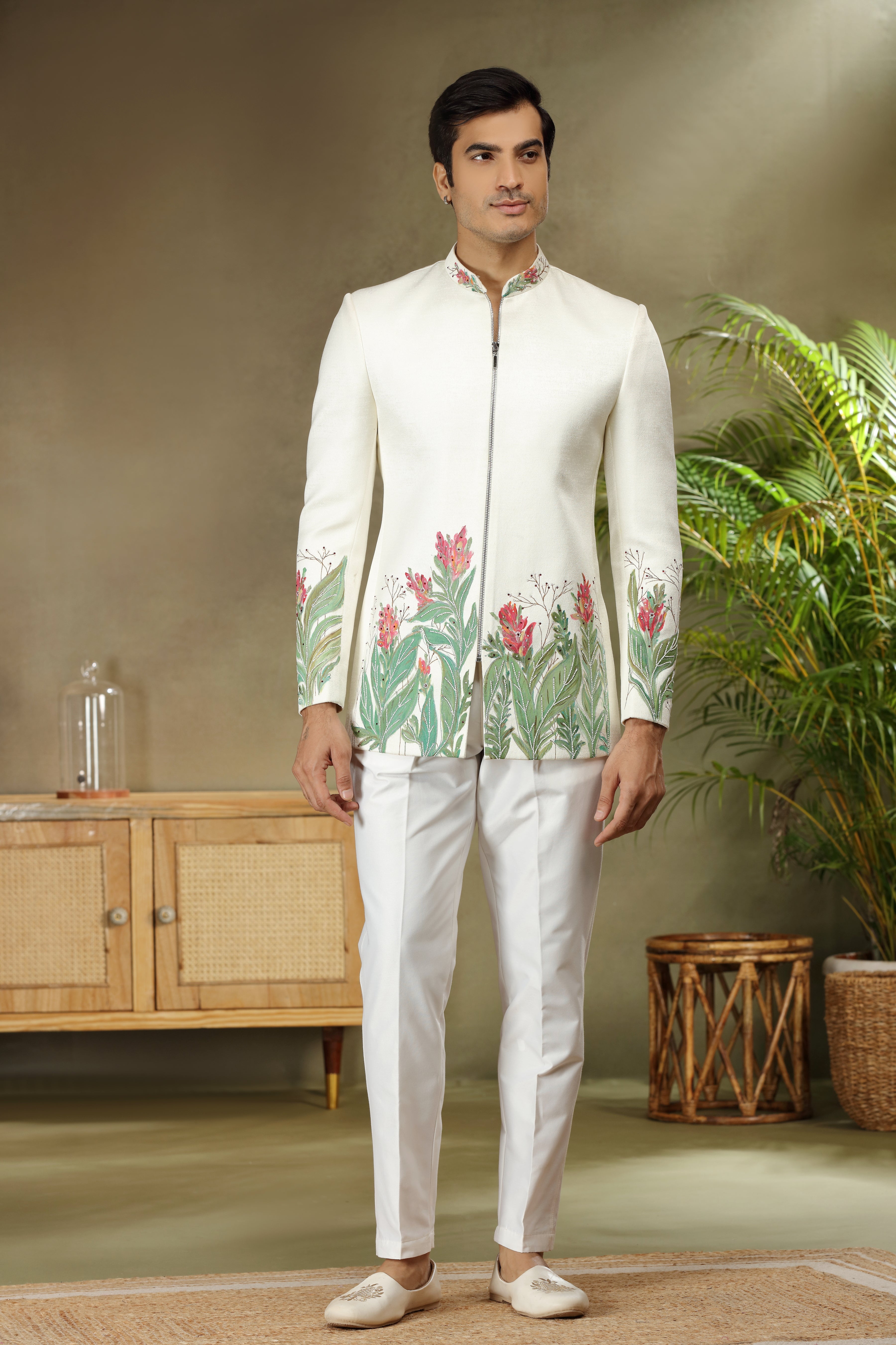 Off White Silk Jodhpuri Set with Paint Pearl Cutdana