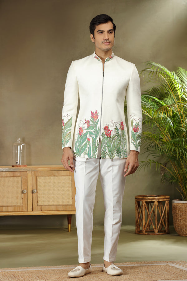 Off White Silk Jodhpuri Set with Paint Pearl Cutdana
