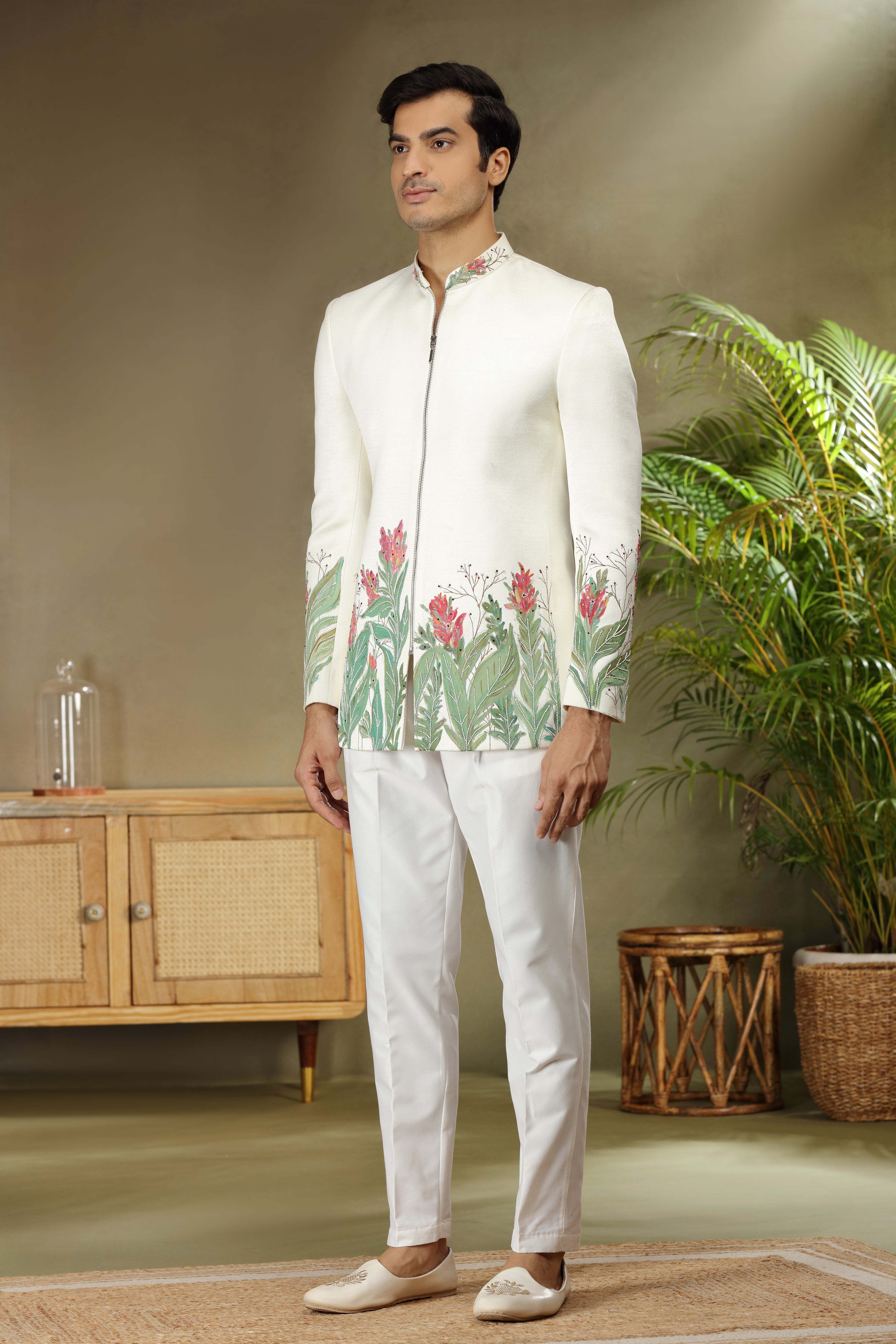 Off White Silk Jodhpuri Set with Paint Pearl Cutdana