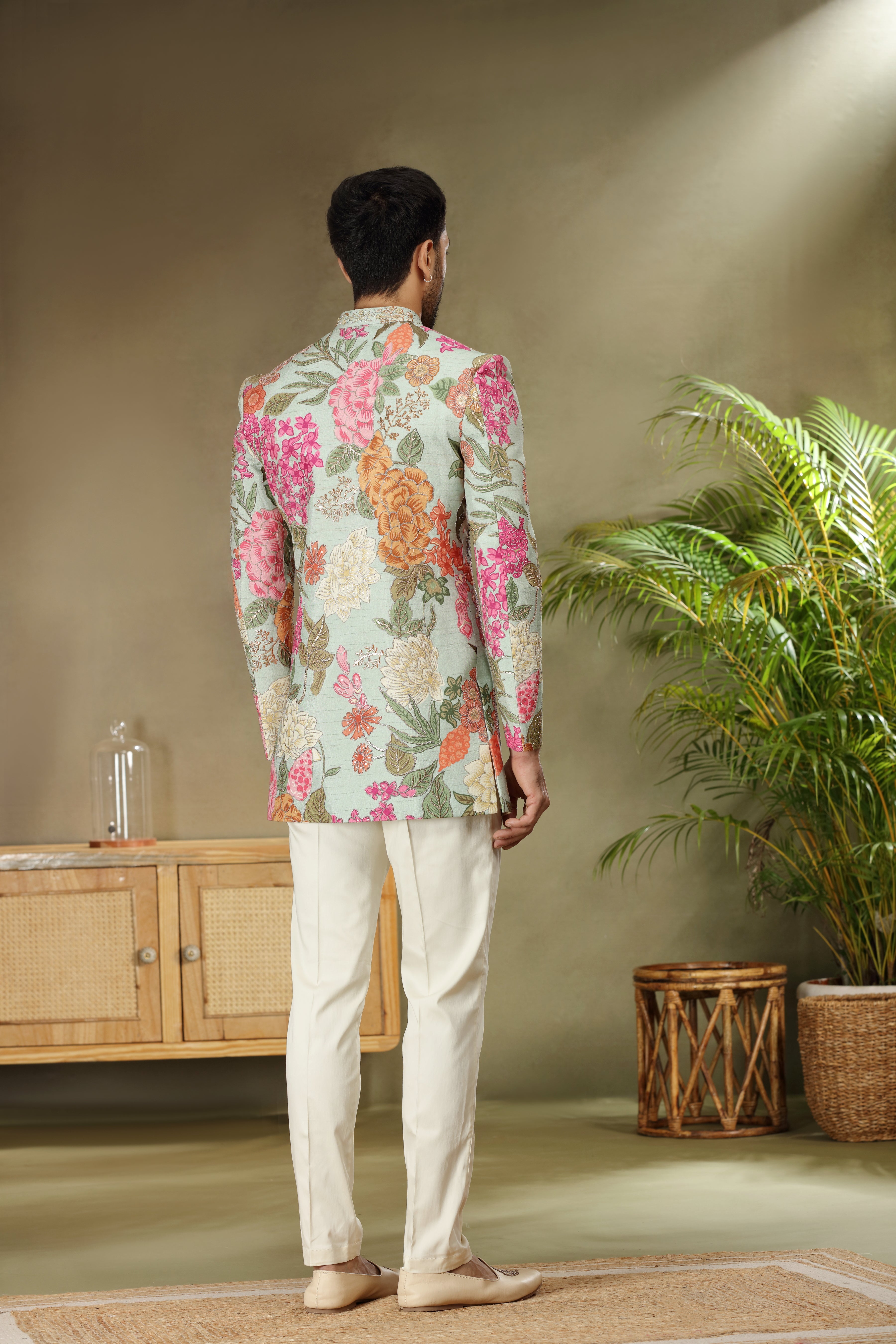 Sea Green Silk Jodhpuri Set with Print Dori Sequin Work