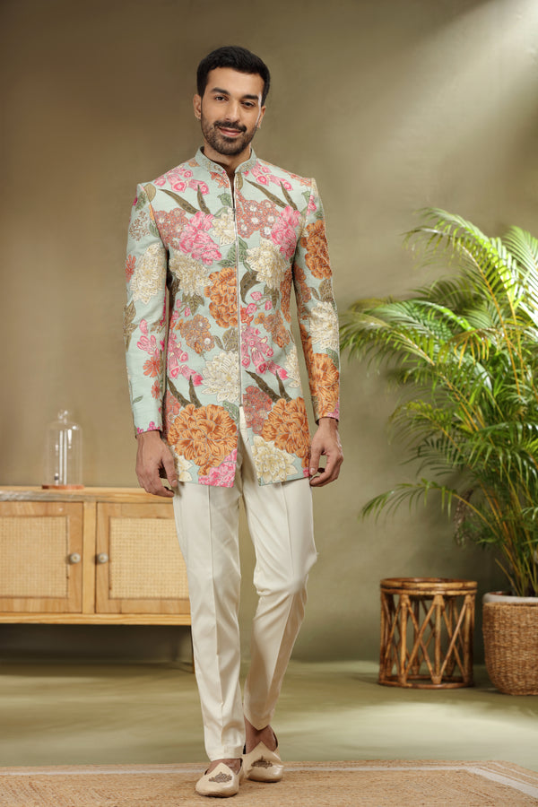 Sea Green Silk Jodhpuri Set with Print Dori Sequin Work