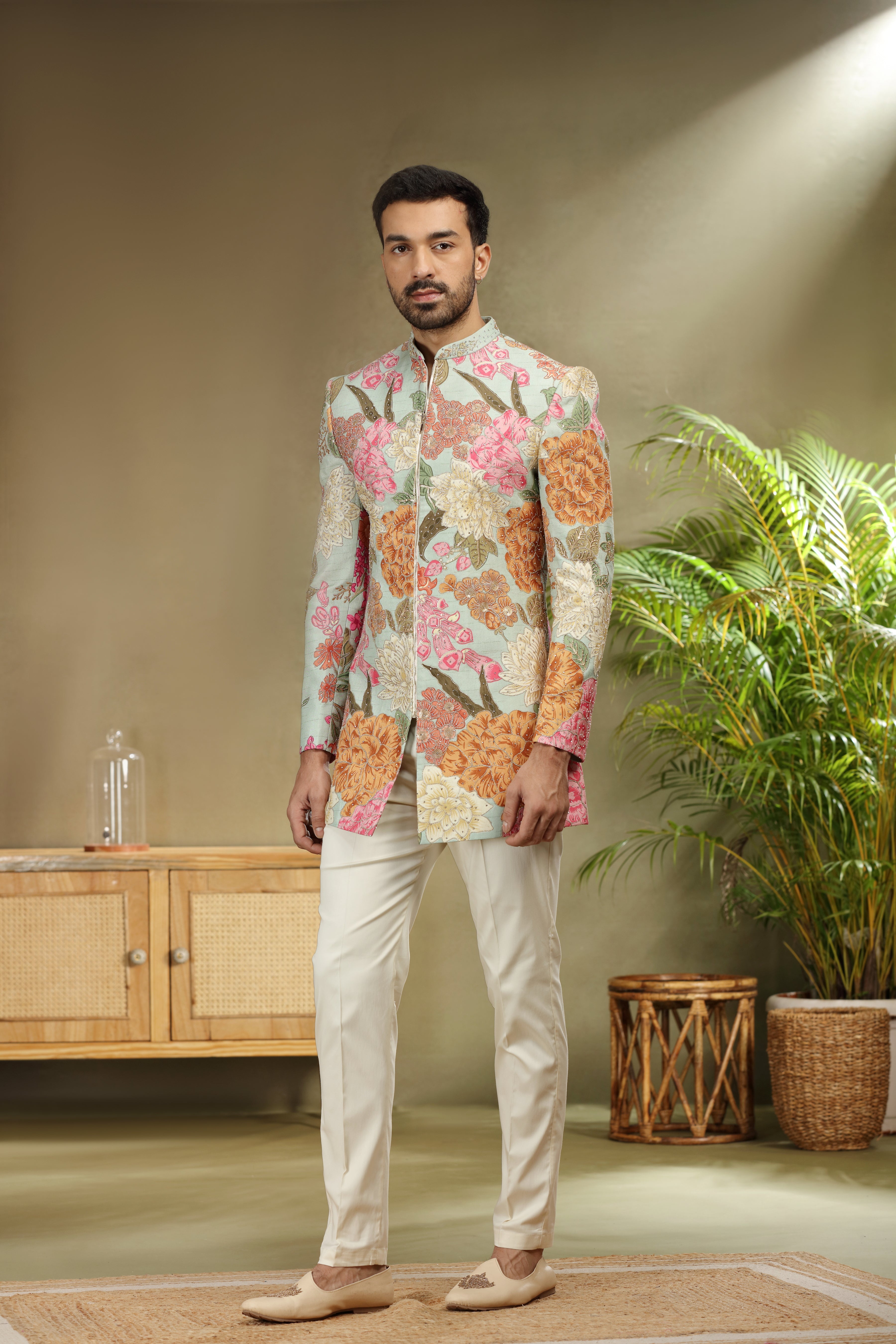 Sea Green Silk Jodhpuri Set with Print Dori Sequin Work