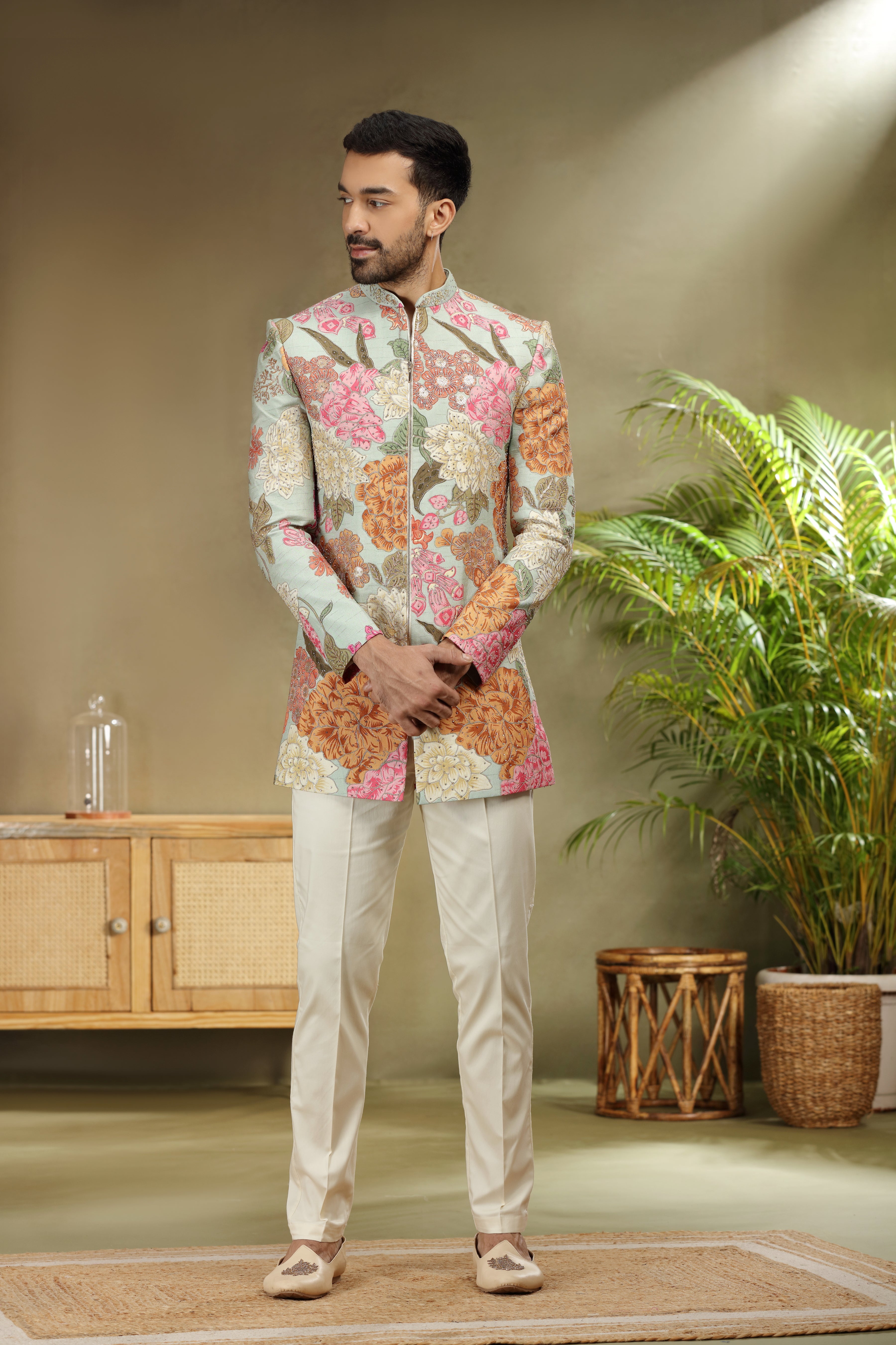 Sea Green Silk Jodhpuri Set with Print Dori Sequin Work