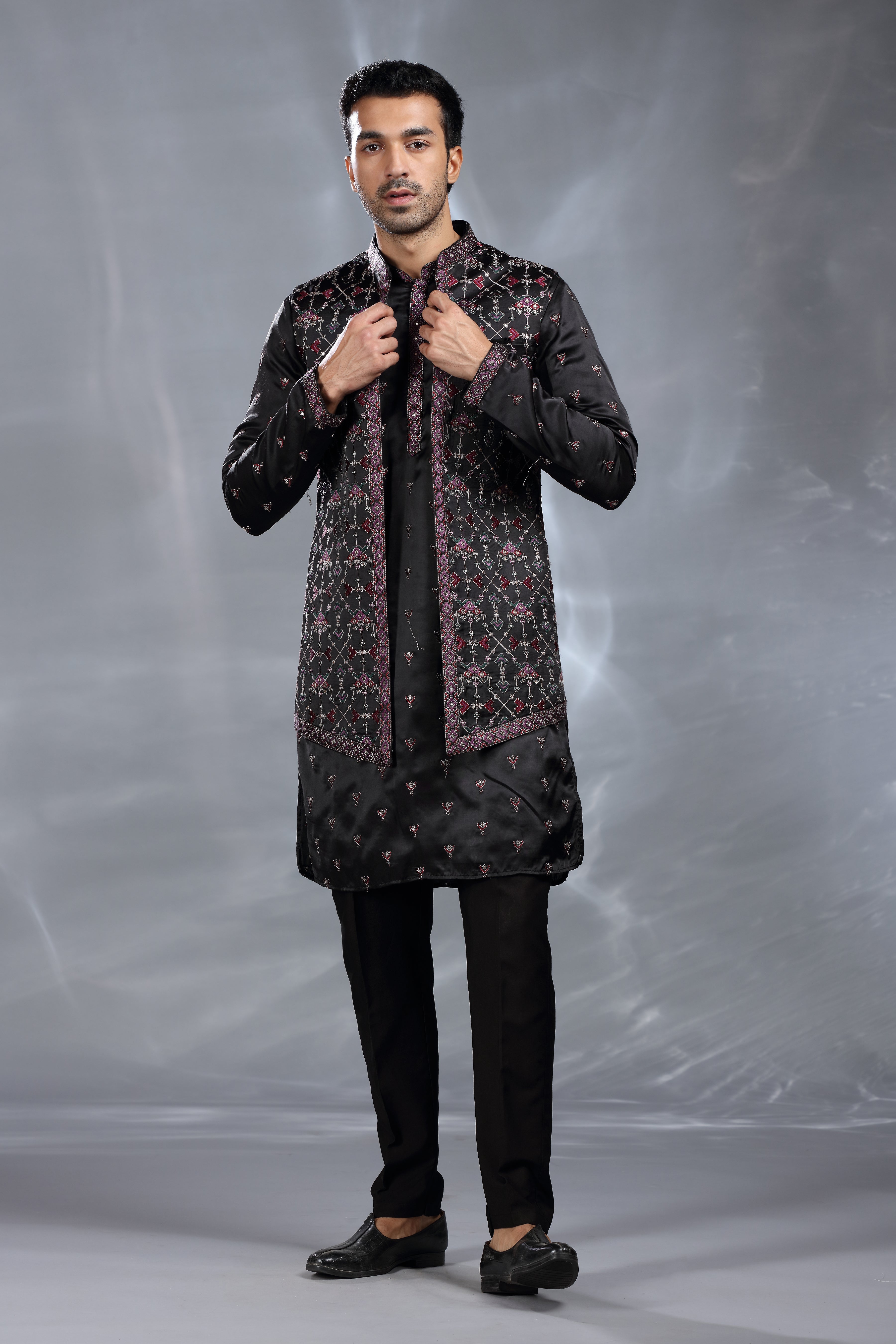 Purple Black Silk Jacket Set with Mirror Work