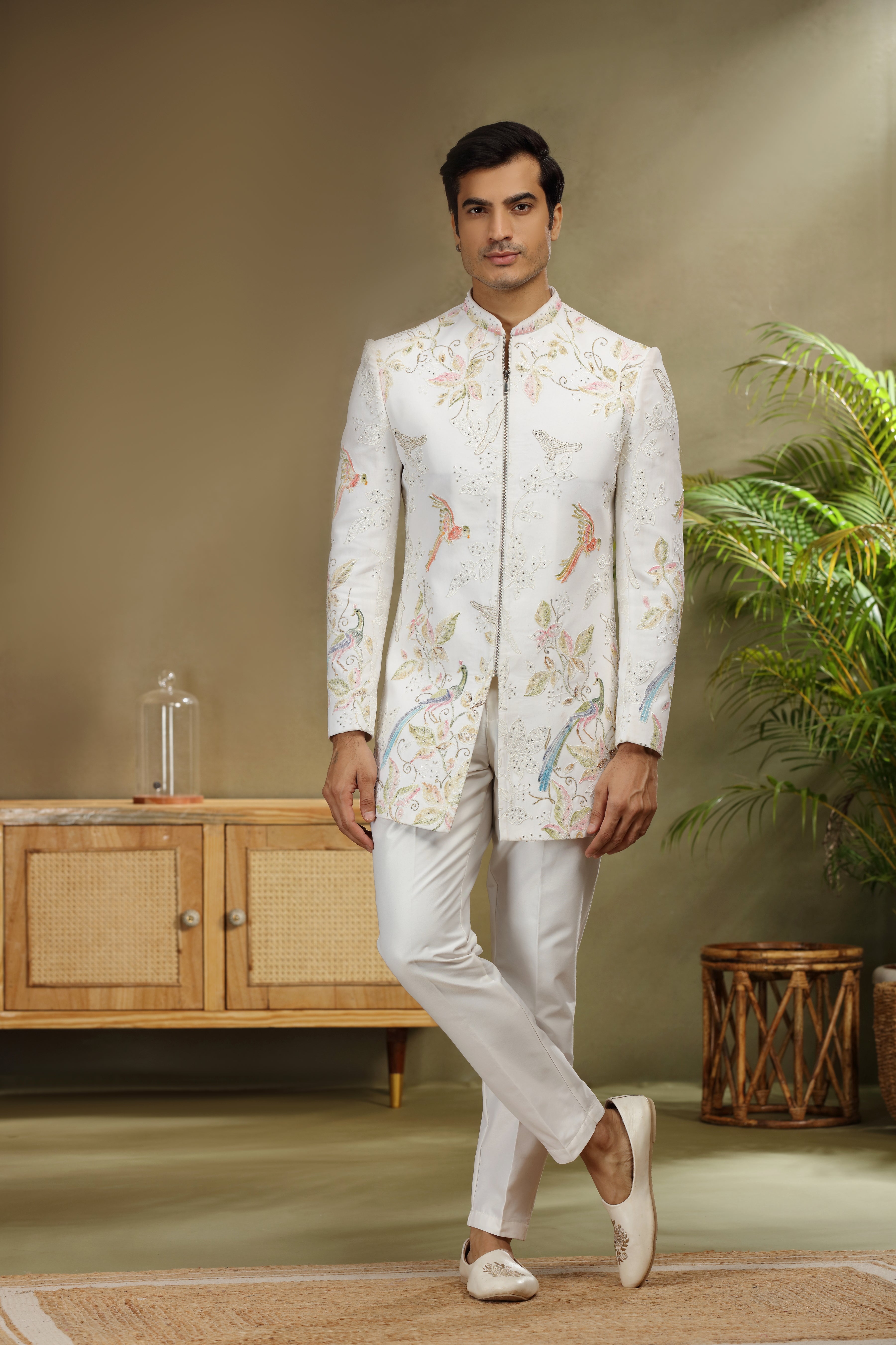 Off White Silk Indo Western Set with Resham Sequin Work