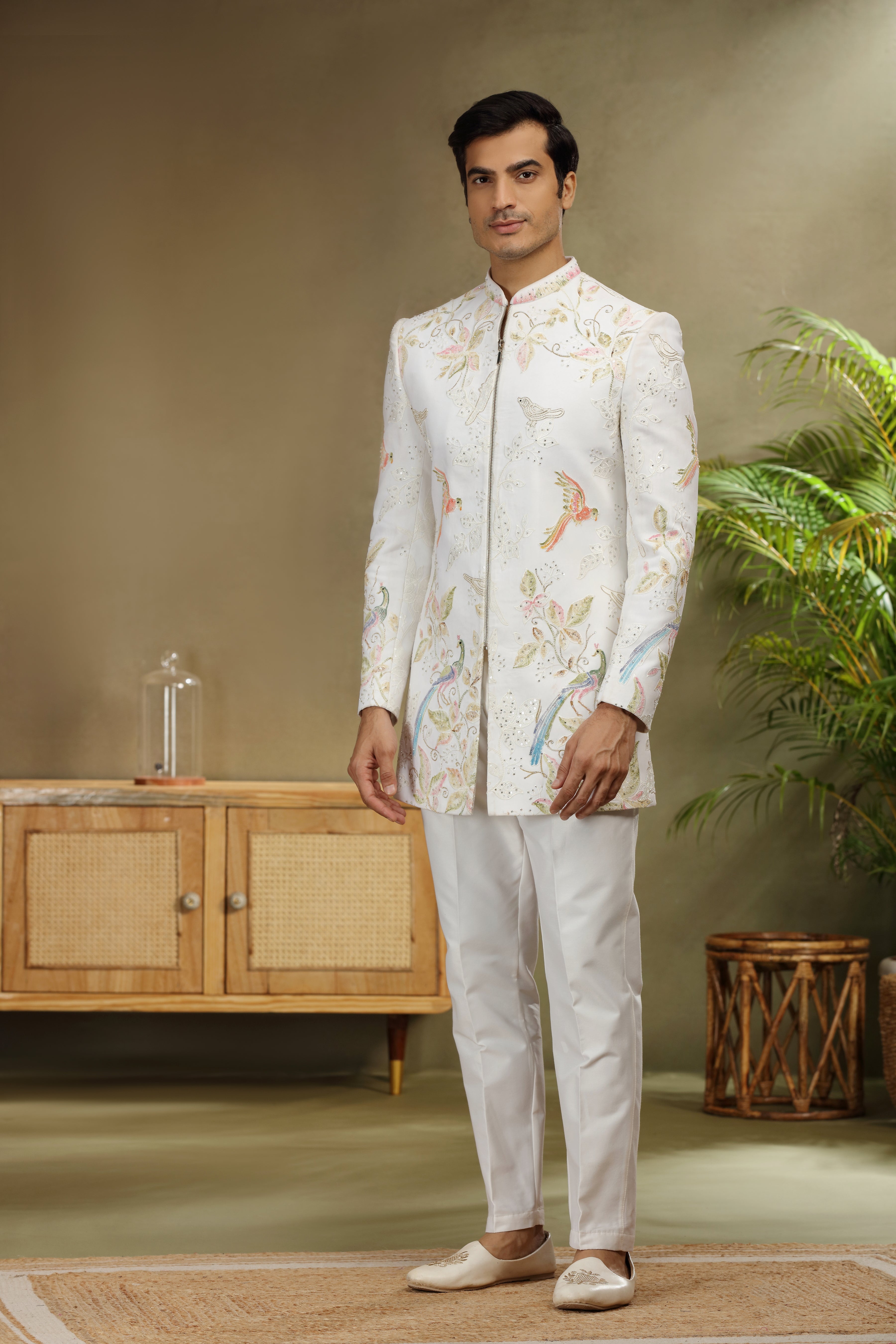 Off White Silk Indo Western Set with Resham Sequin Work