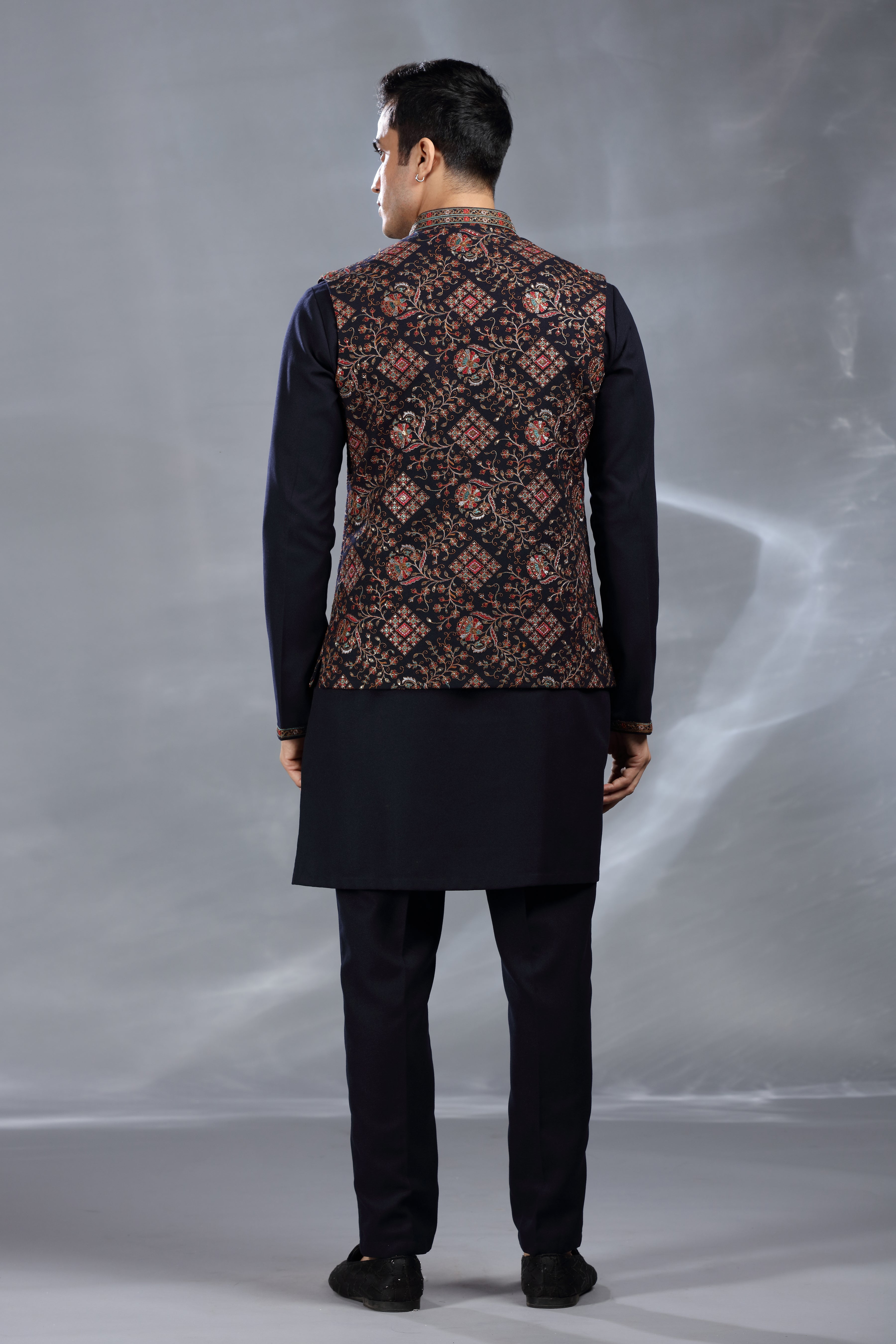 Black Silk Jacket Set with Resham Thread, Aari & Sequence Work