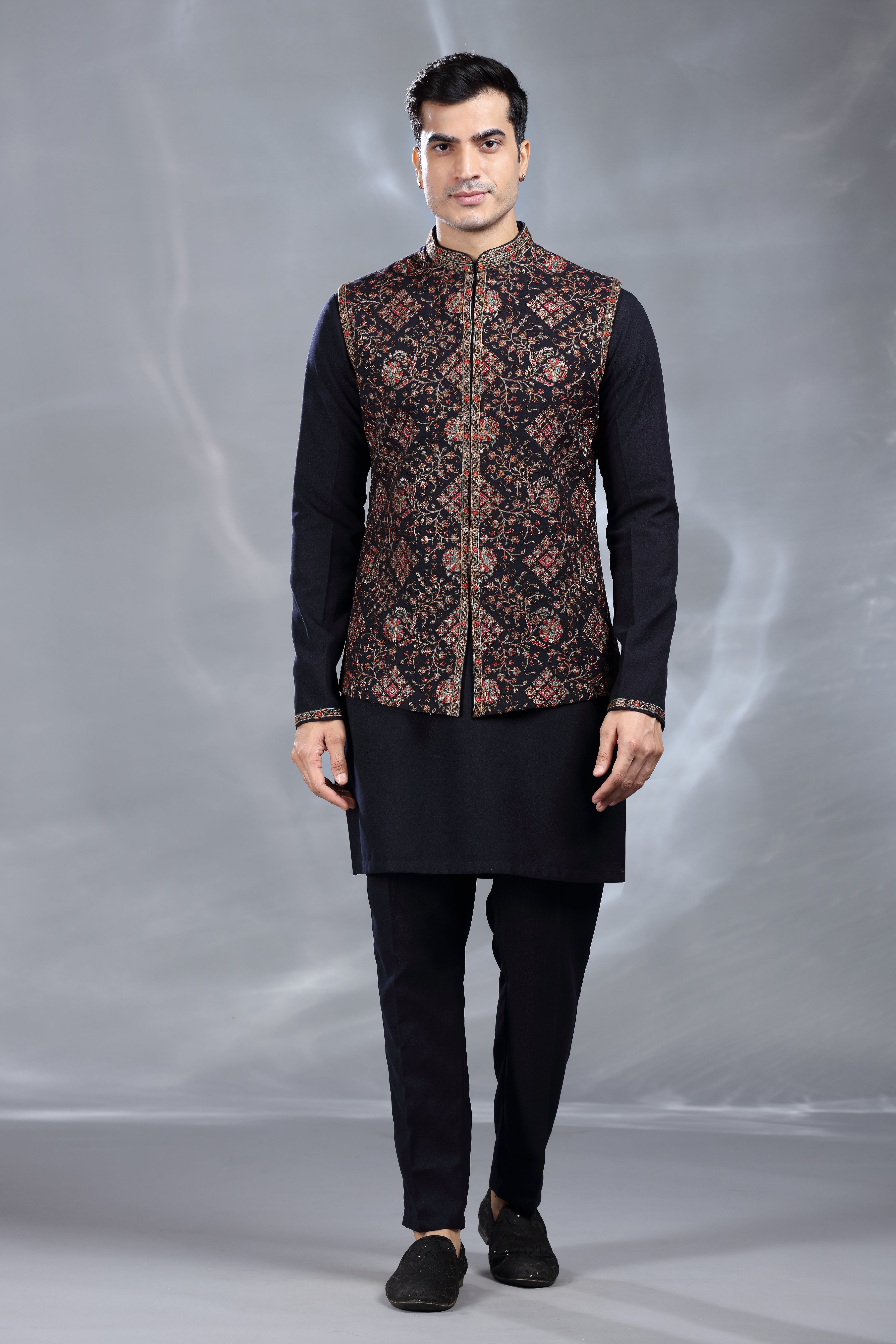 Black Silk Jacket Set with Resham Thread, Aari & Sequence Work