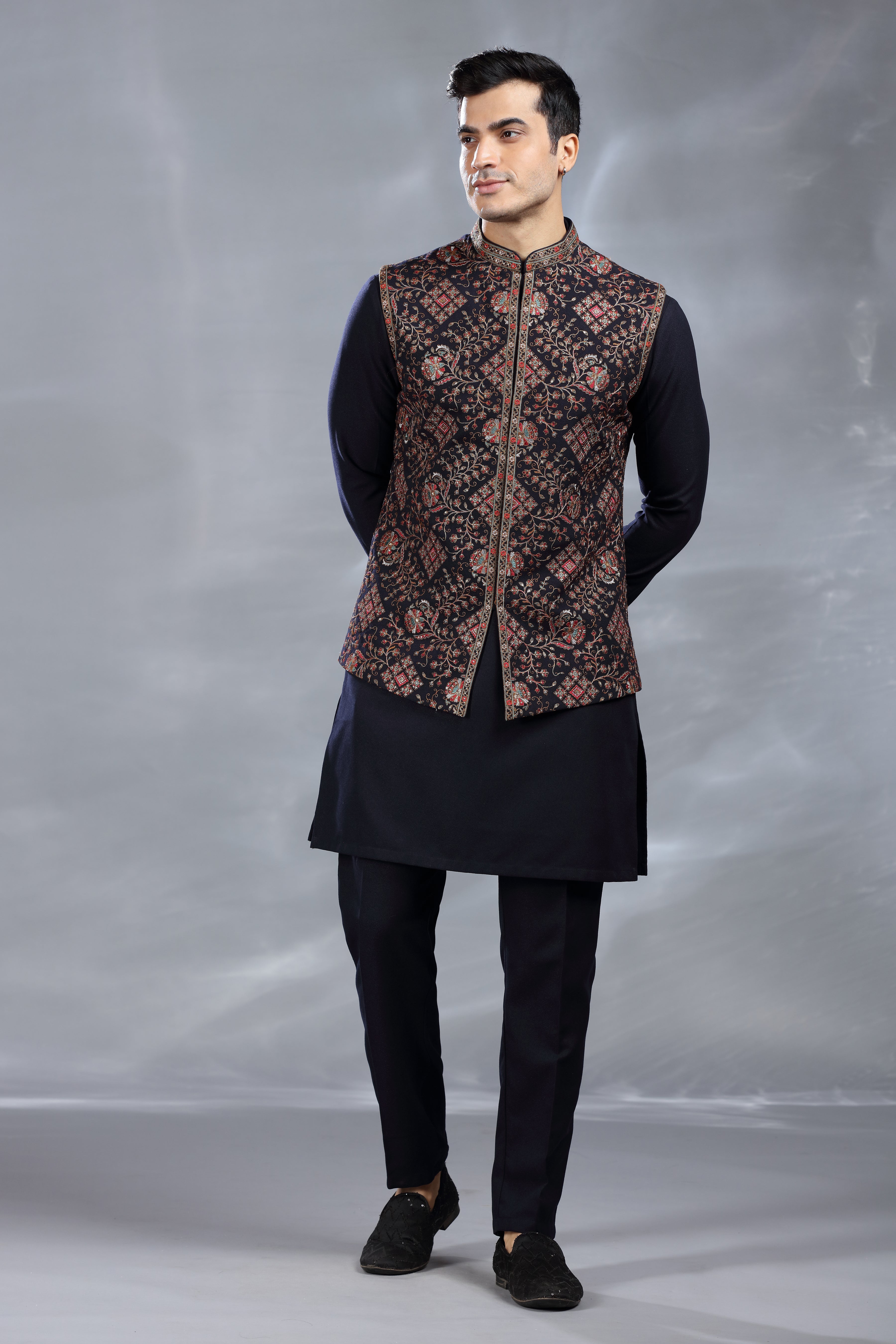 Black Silk Jacket Set with Resham Thread, Aari & Sequence Work