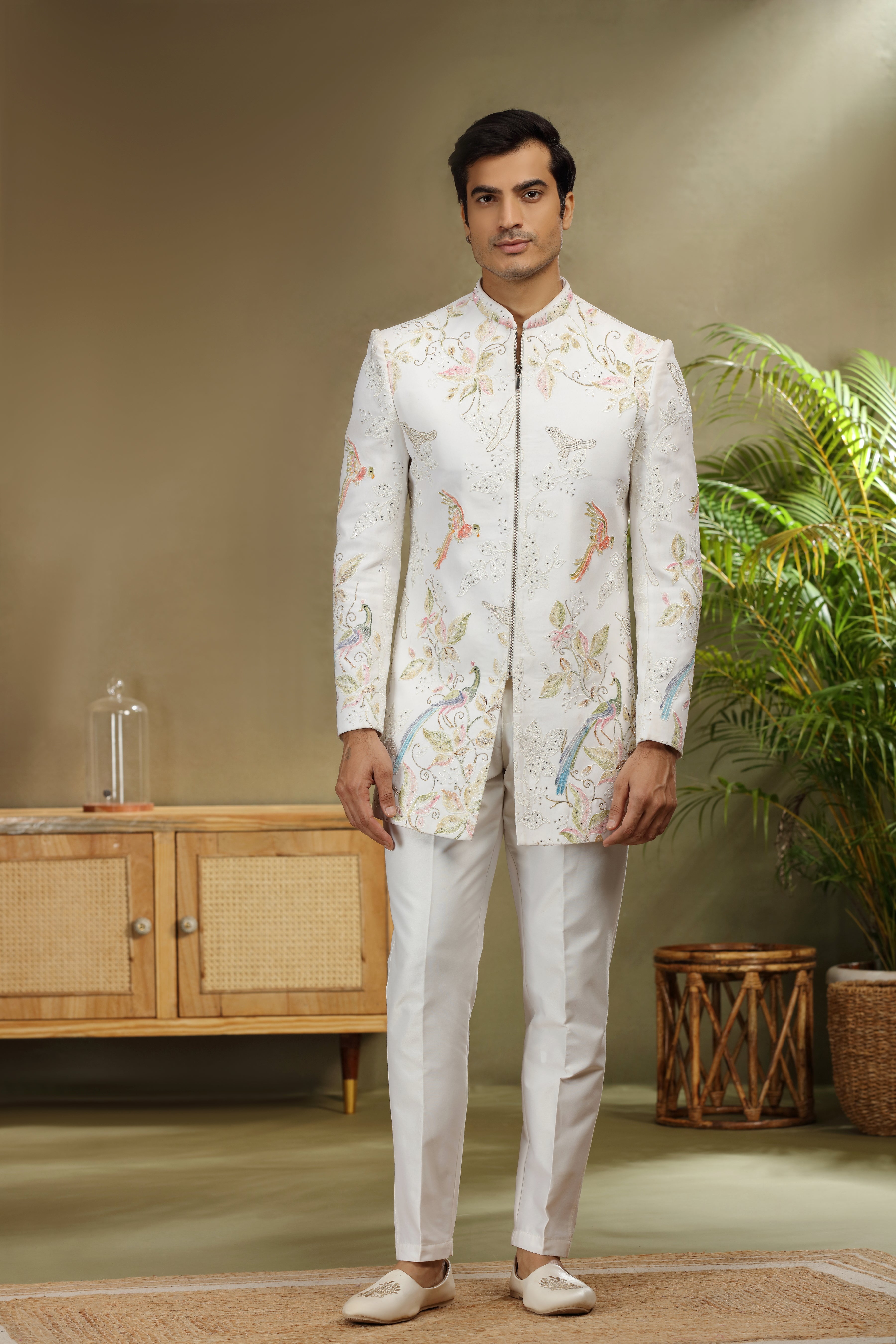 Off White Silk Indo Western Set with Resham Sequin Work