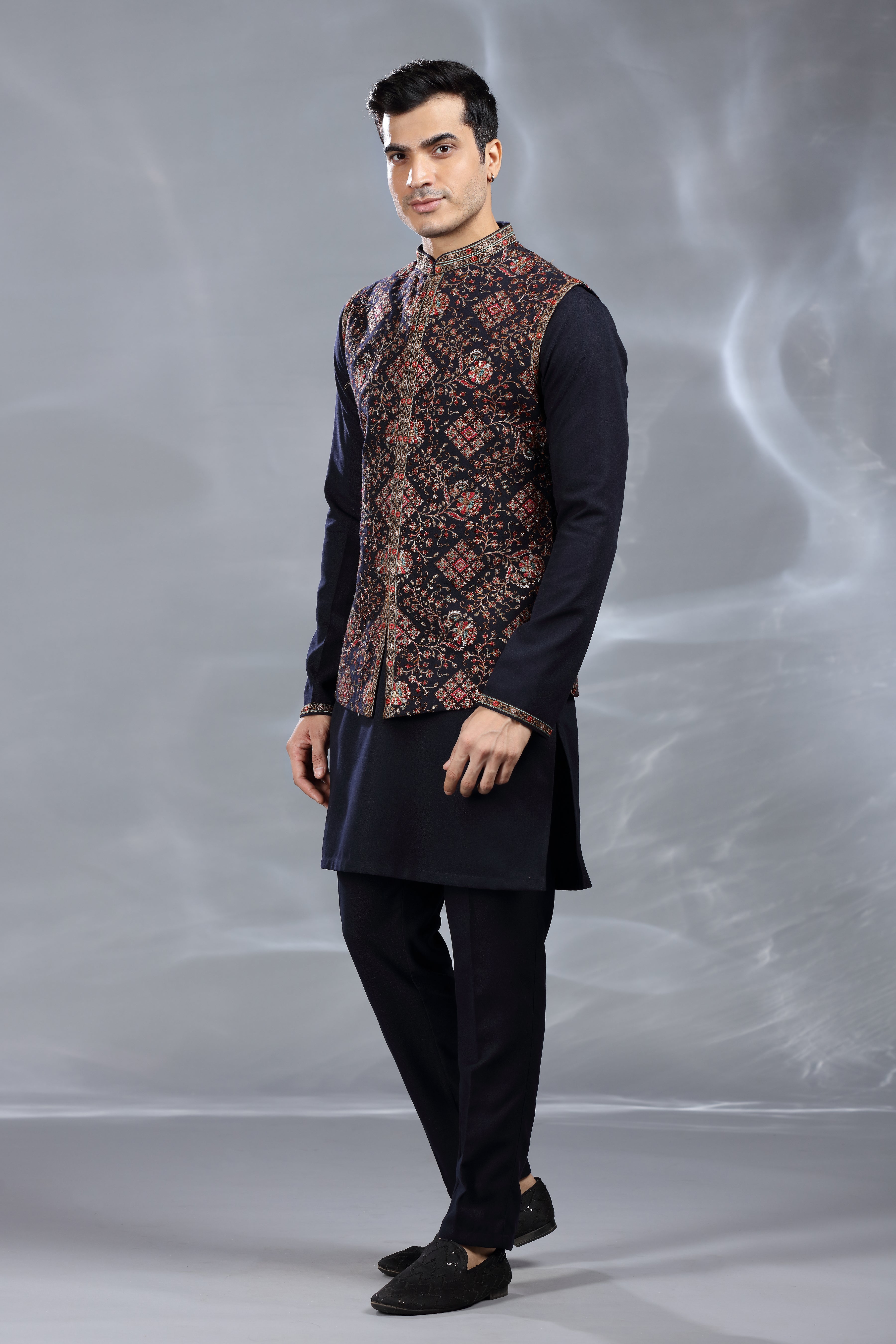 Black Silk Jacket Set with Resham Thread, Aari & Sequence Work