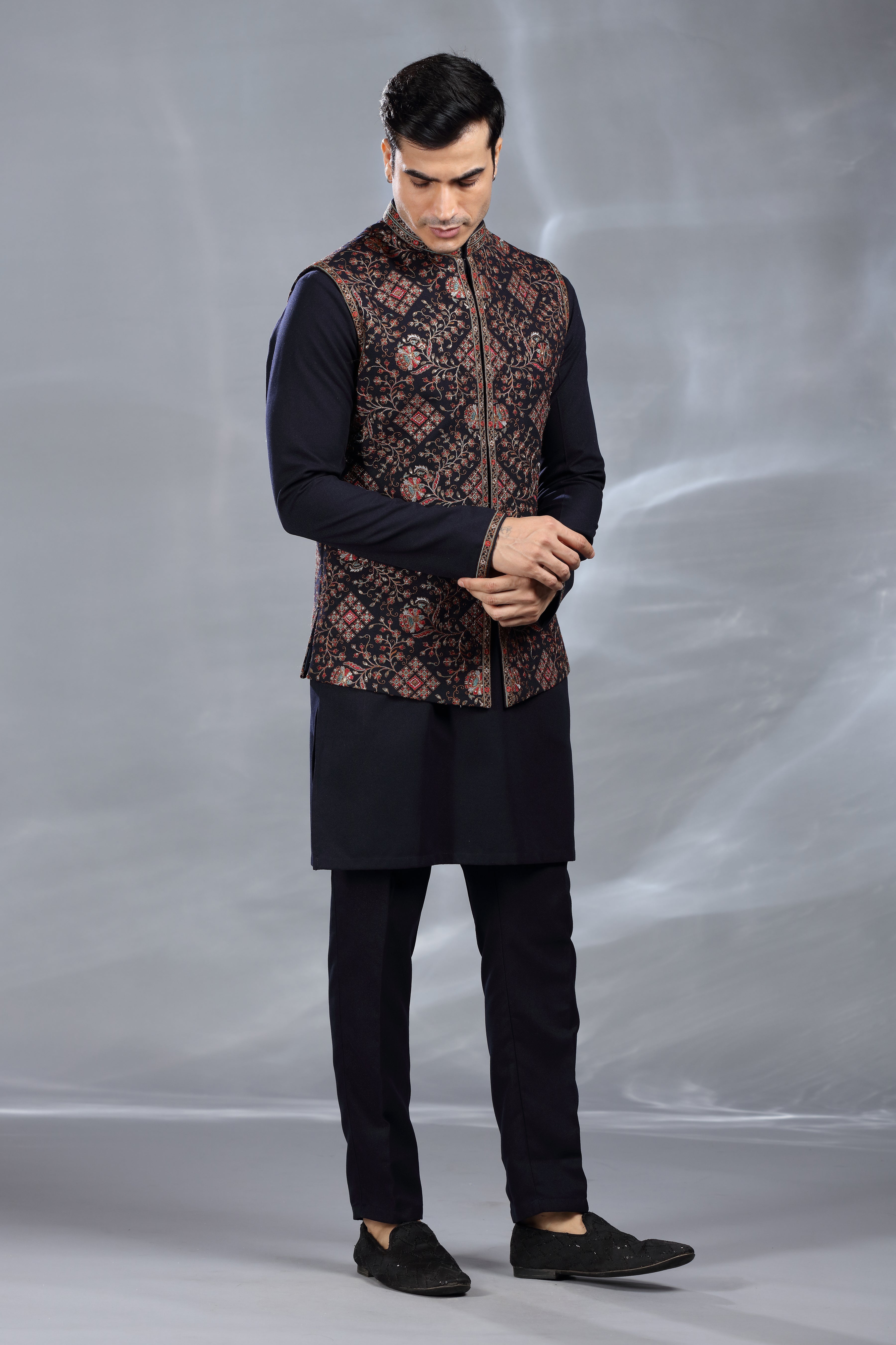 Black Silk Jacket Set with Resham Thread, Aari & Sequence Work