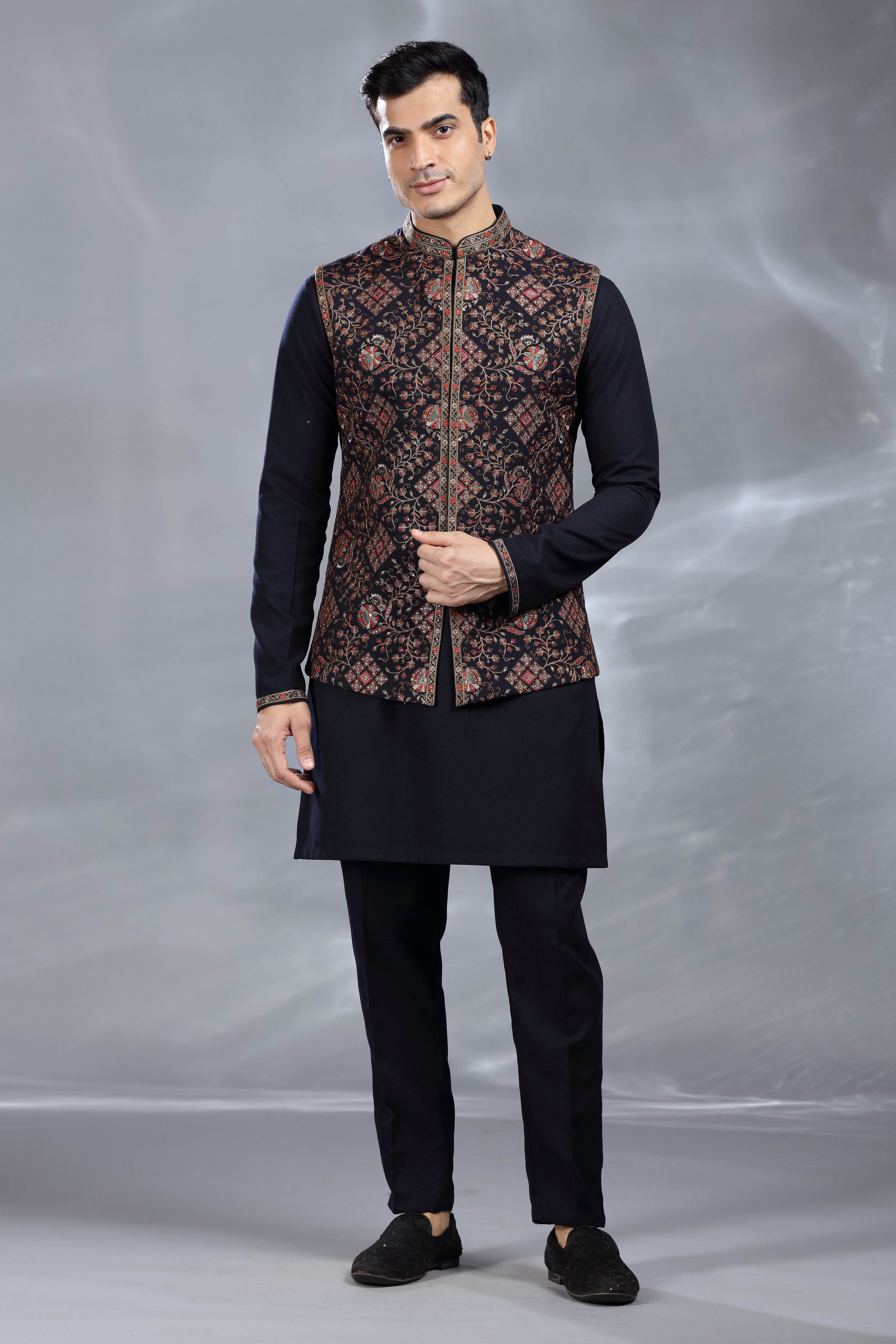 Black Silk Jacket Set with Resham Thread, Aari & Sequence Work