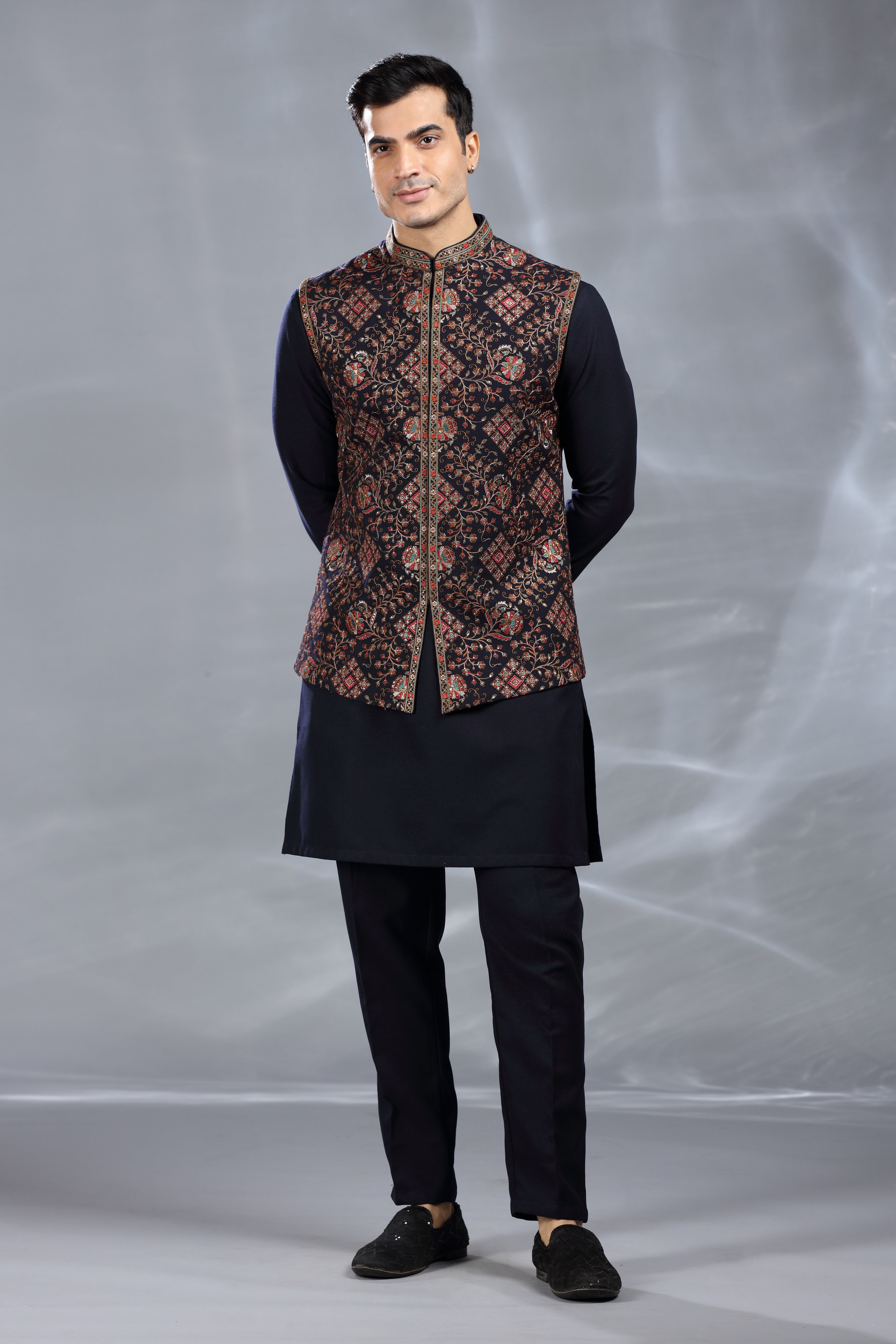 Black Silk Jacket Set with Resham Thread, Aari & Sequence Work