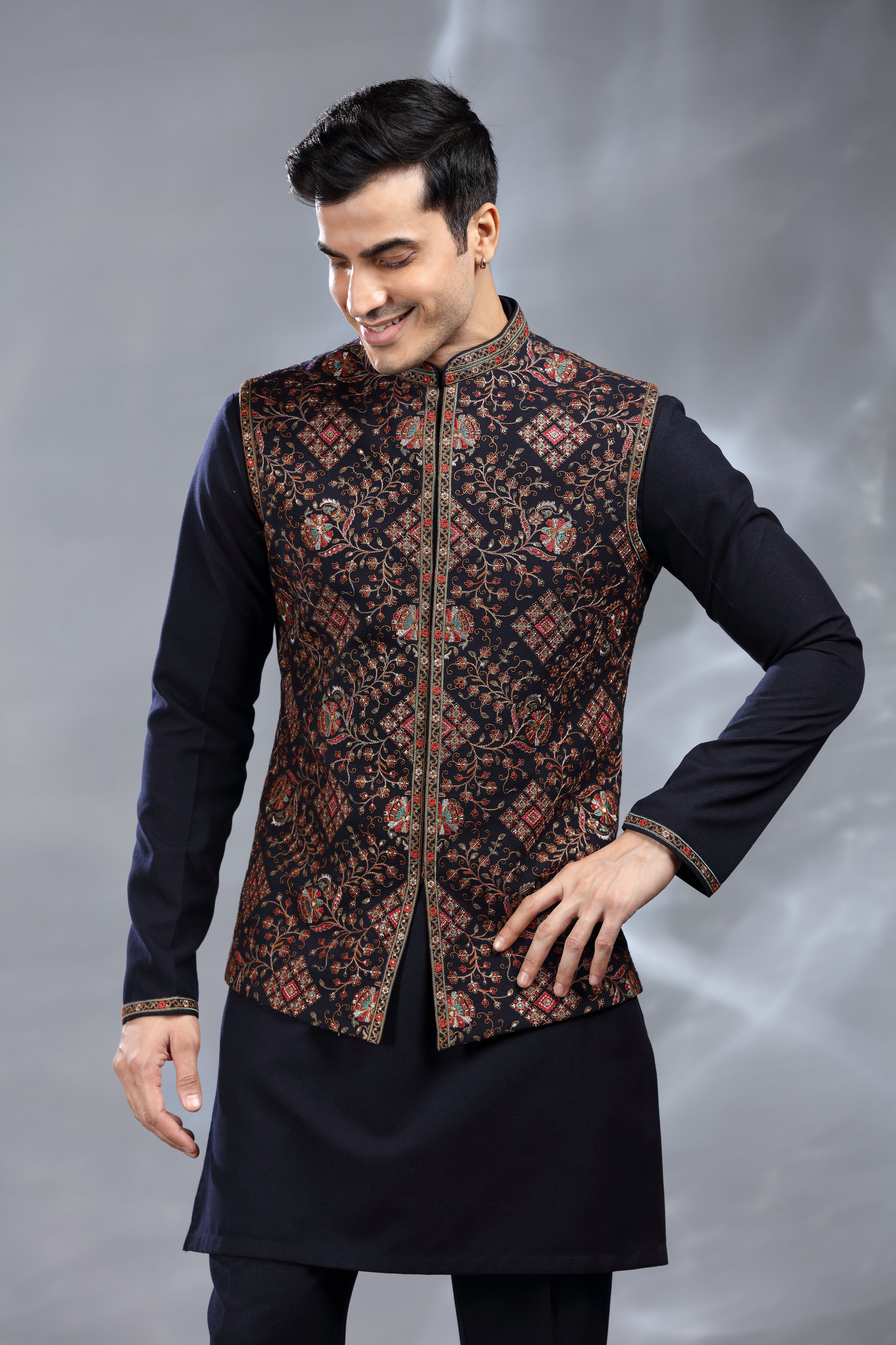 Black Silk Jacket Set with Resham Thread, Aari & Sequence Work