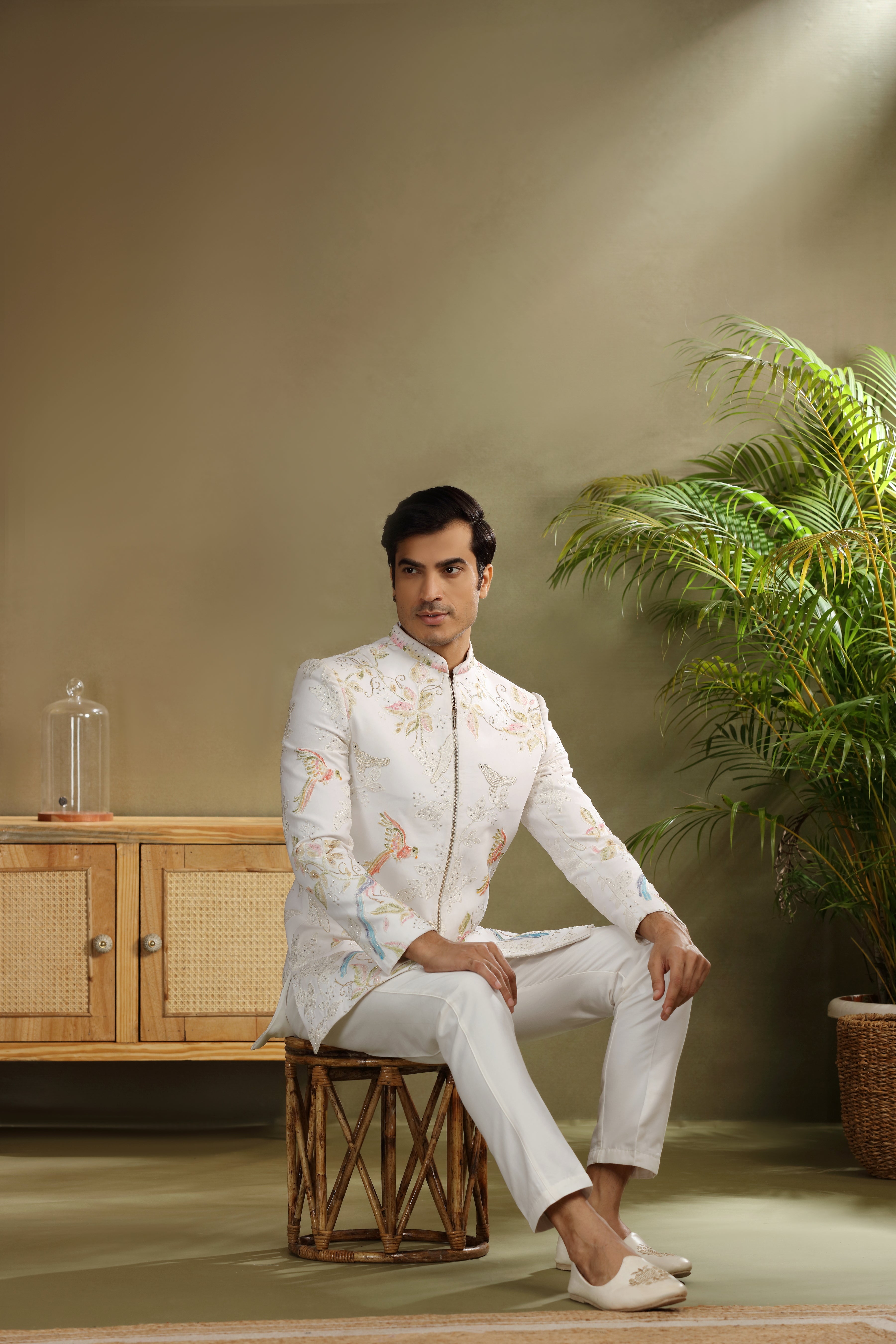 Off White Silk Indo Western Set with Resham Sequin Work