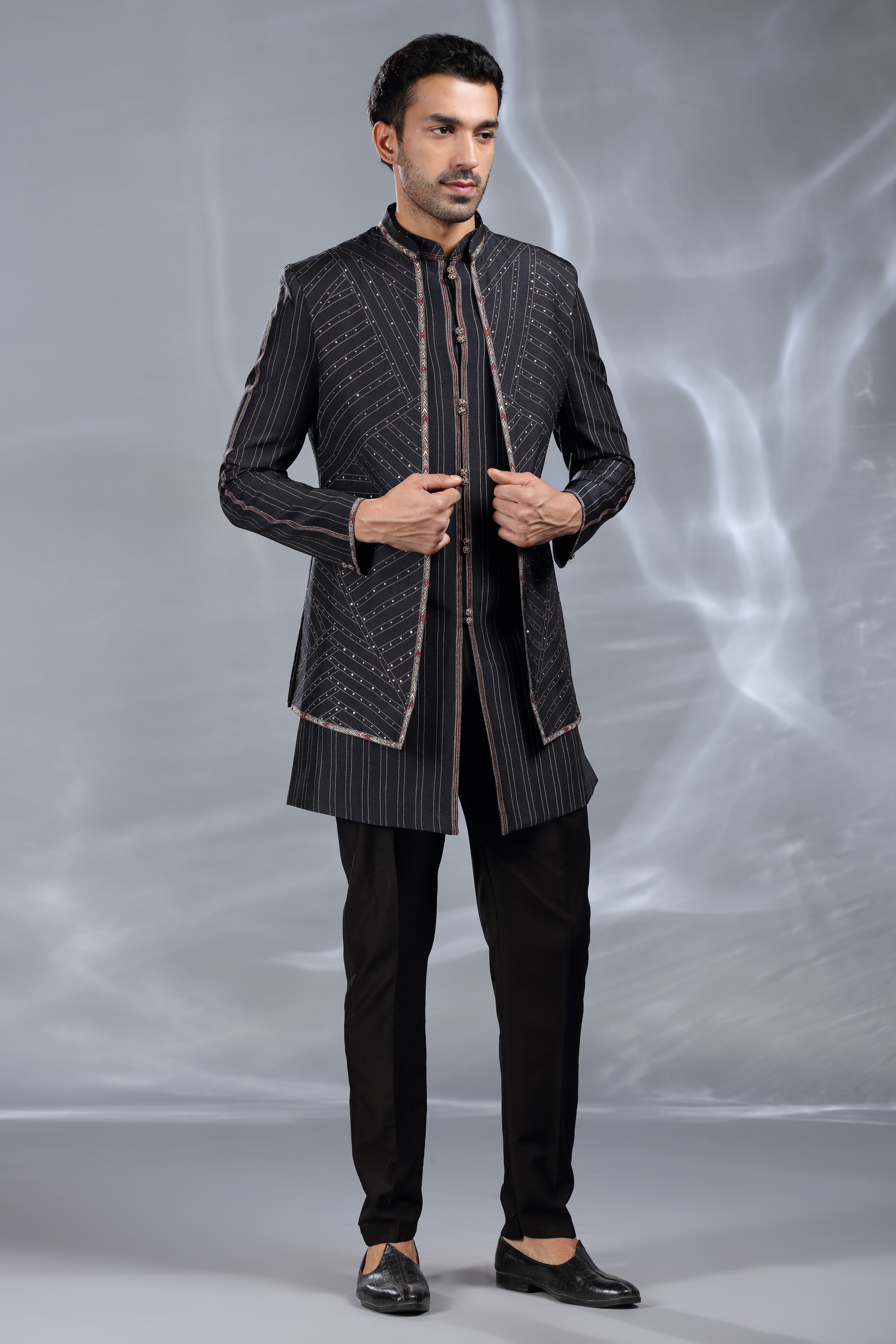 Black Silk Indo Western with Thread Work & Sequence Work