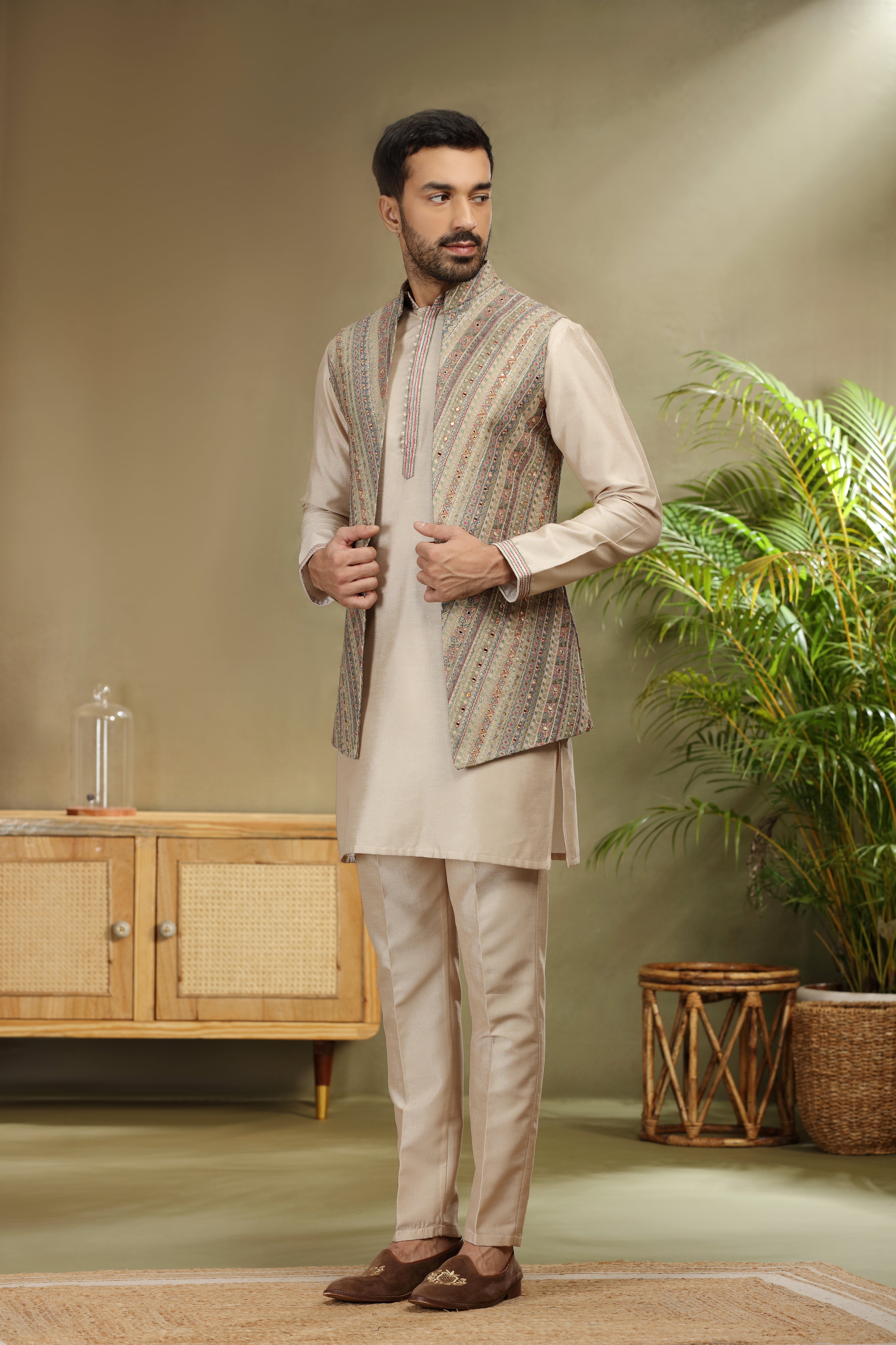 Multicolor Jacket with Mirror Resham Work on Beige Kurta