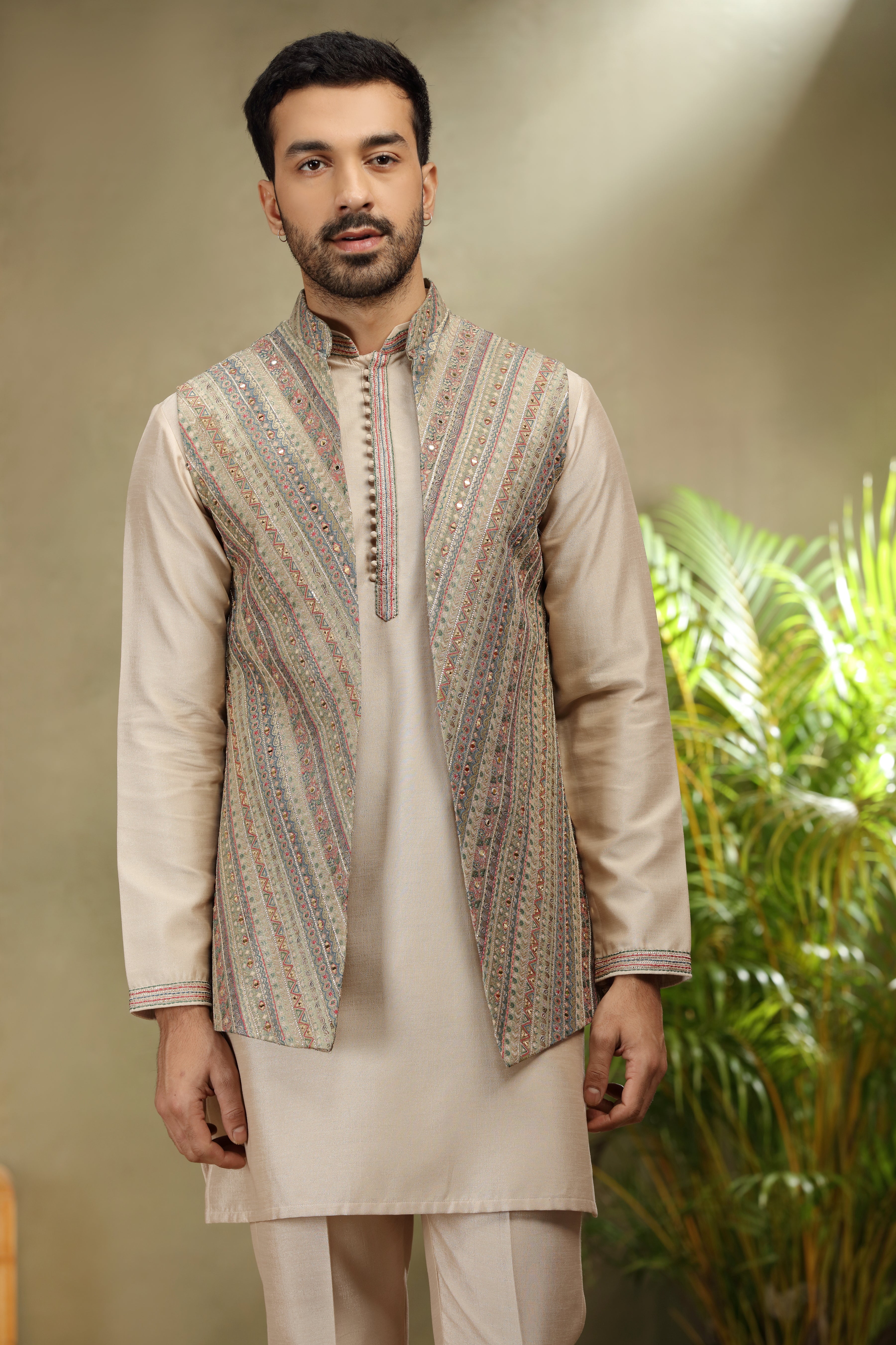 Multicolor Jacket with Mirror Resham Work on Beige Kurta
