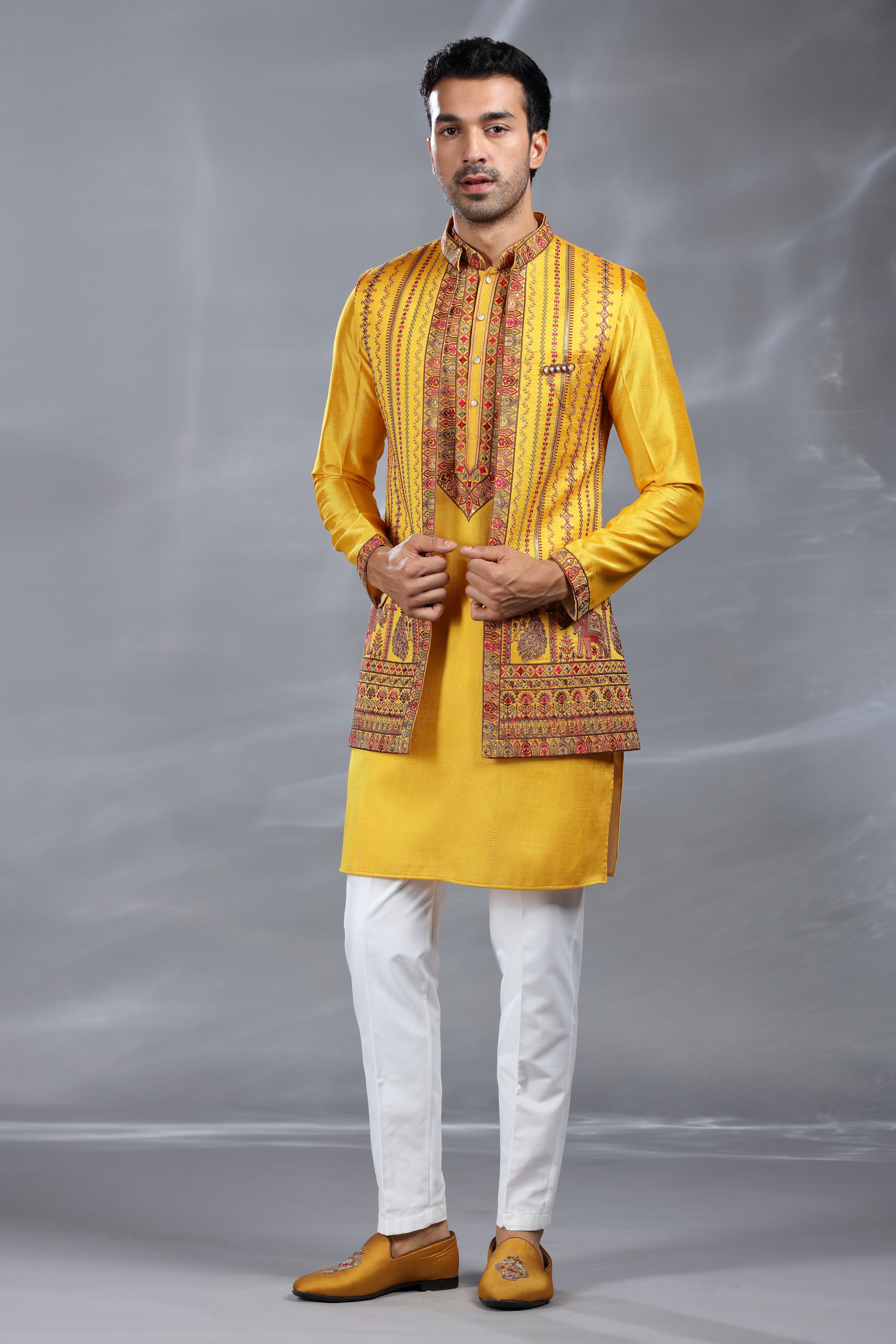 Yellow Silk Jacket Set with Aari & Sequence Work