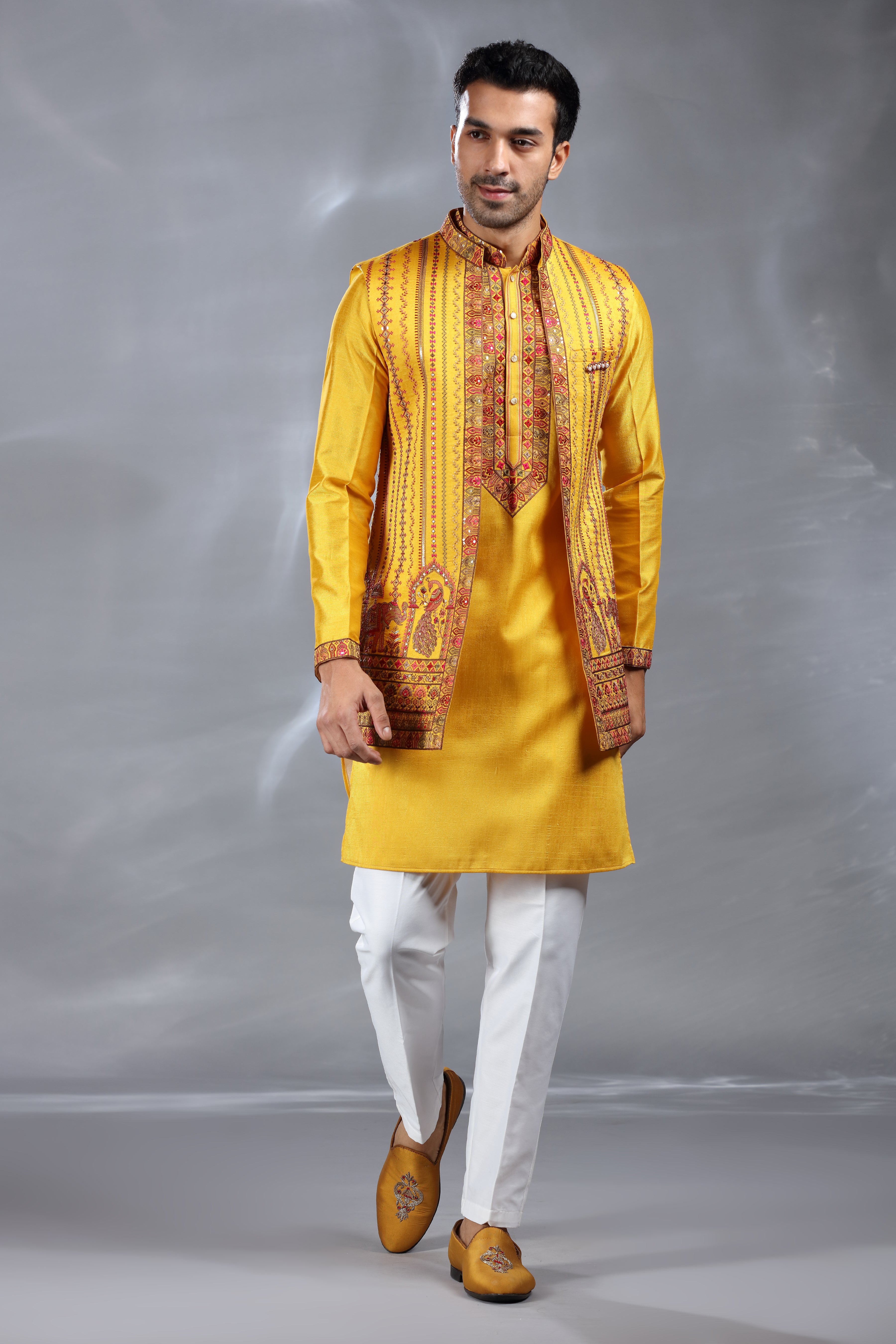 Yellow Silk Jacket Set with Aari & Sequence Work