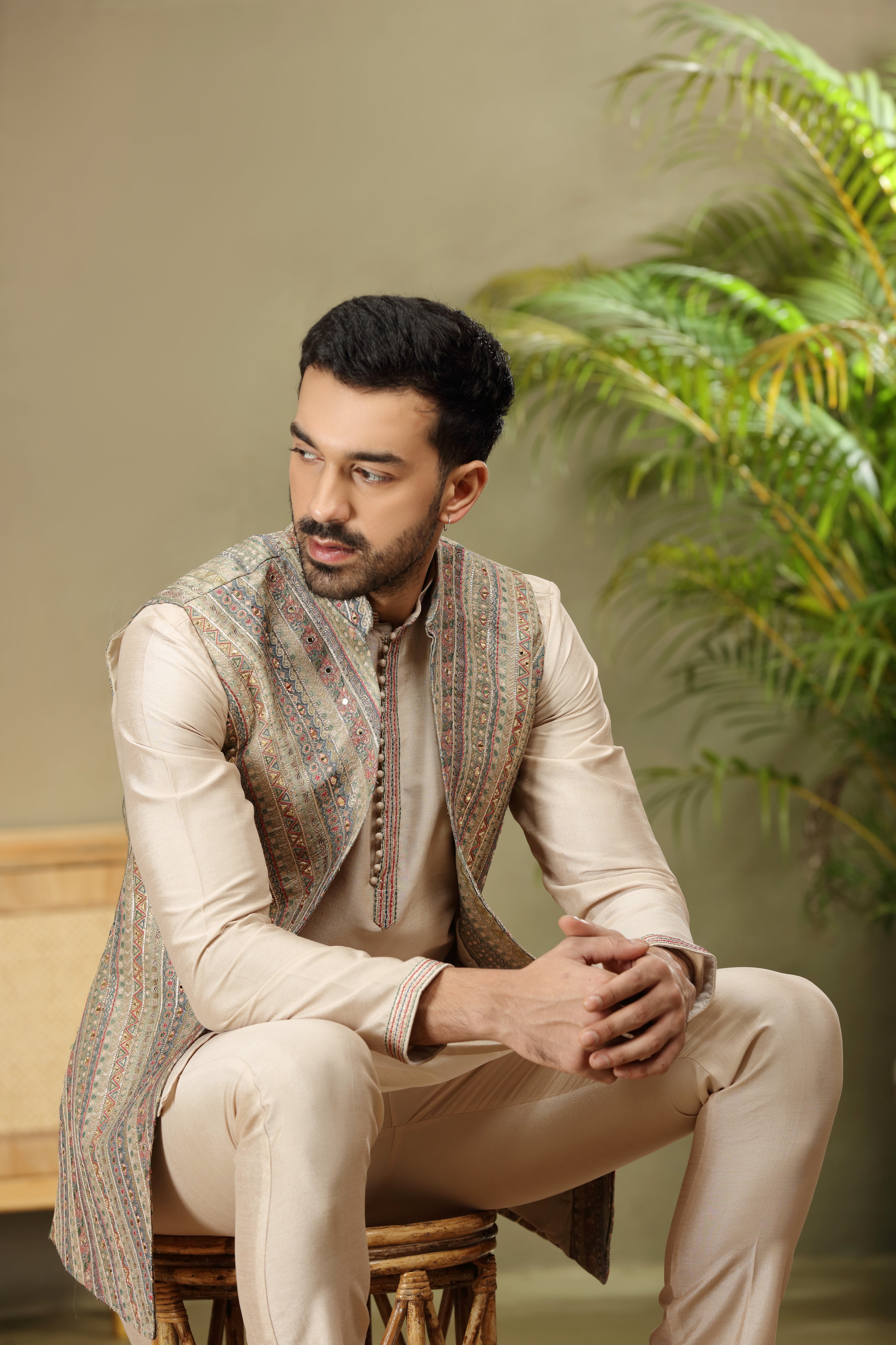 Multicolor Jacket with Mirror Resham Work on Beige Kurta