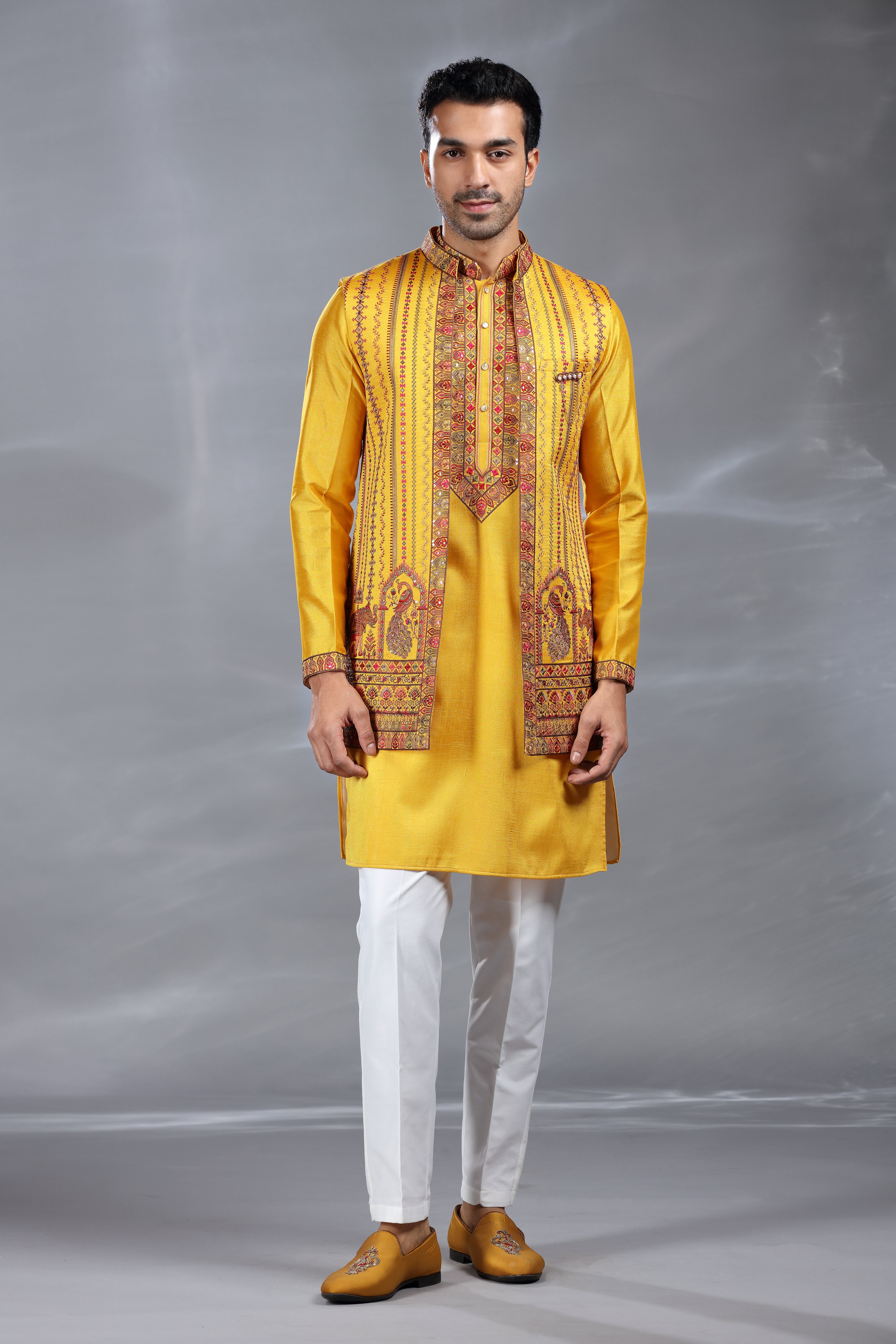 Yellow Silk Jacket Set with Aari & Sequence Work