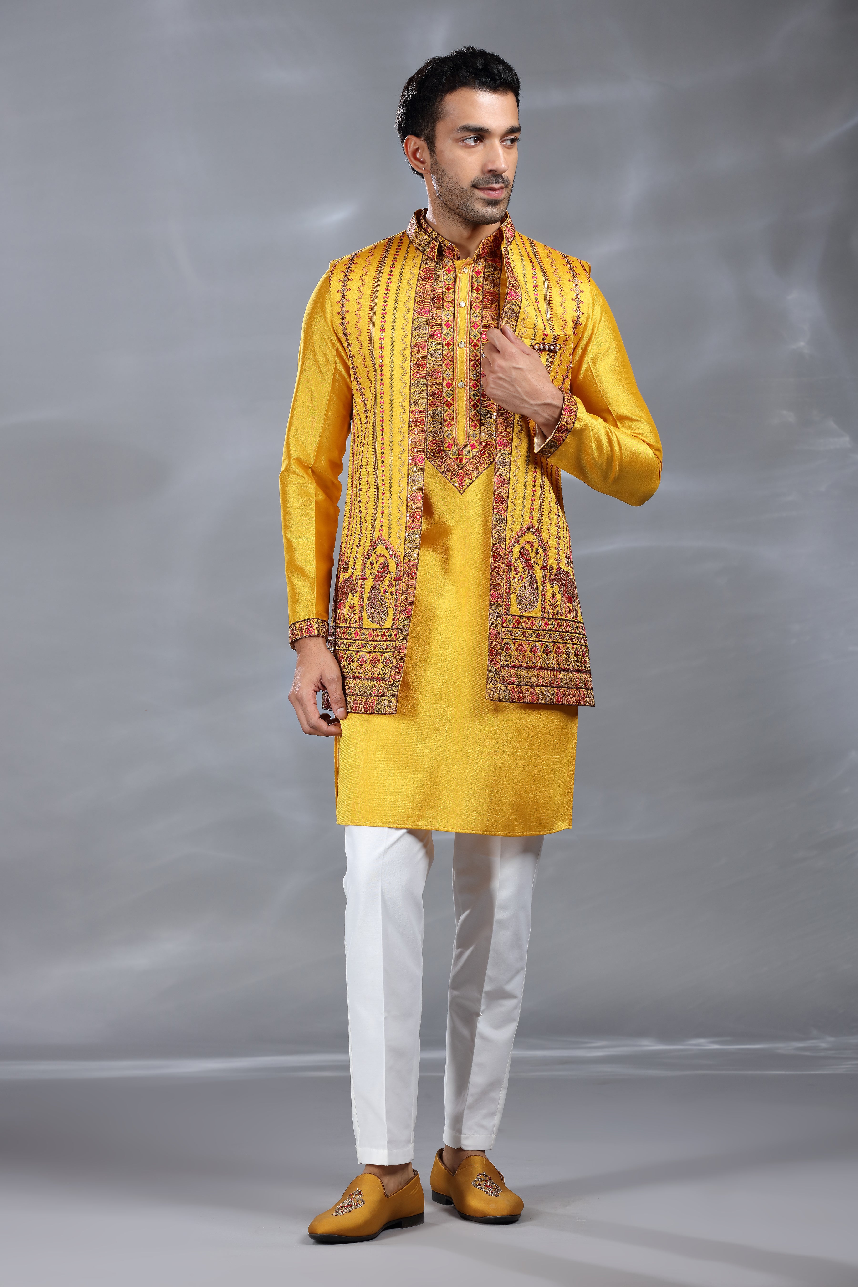 Yellow Silk Jacket Set with Aari & Sequence Work