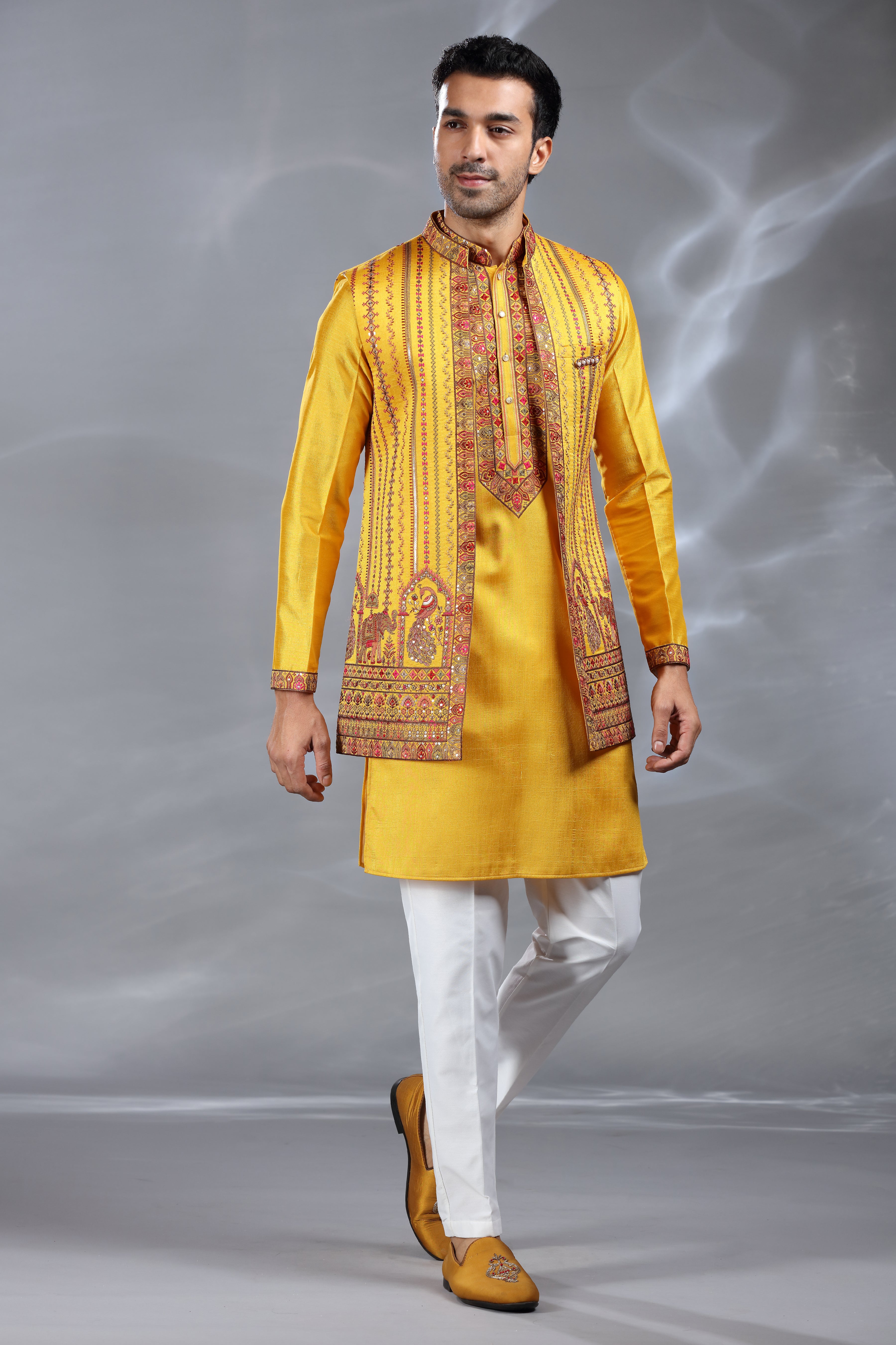 Yellow Silk Jacket Set with Aari & Sequence Work