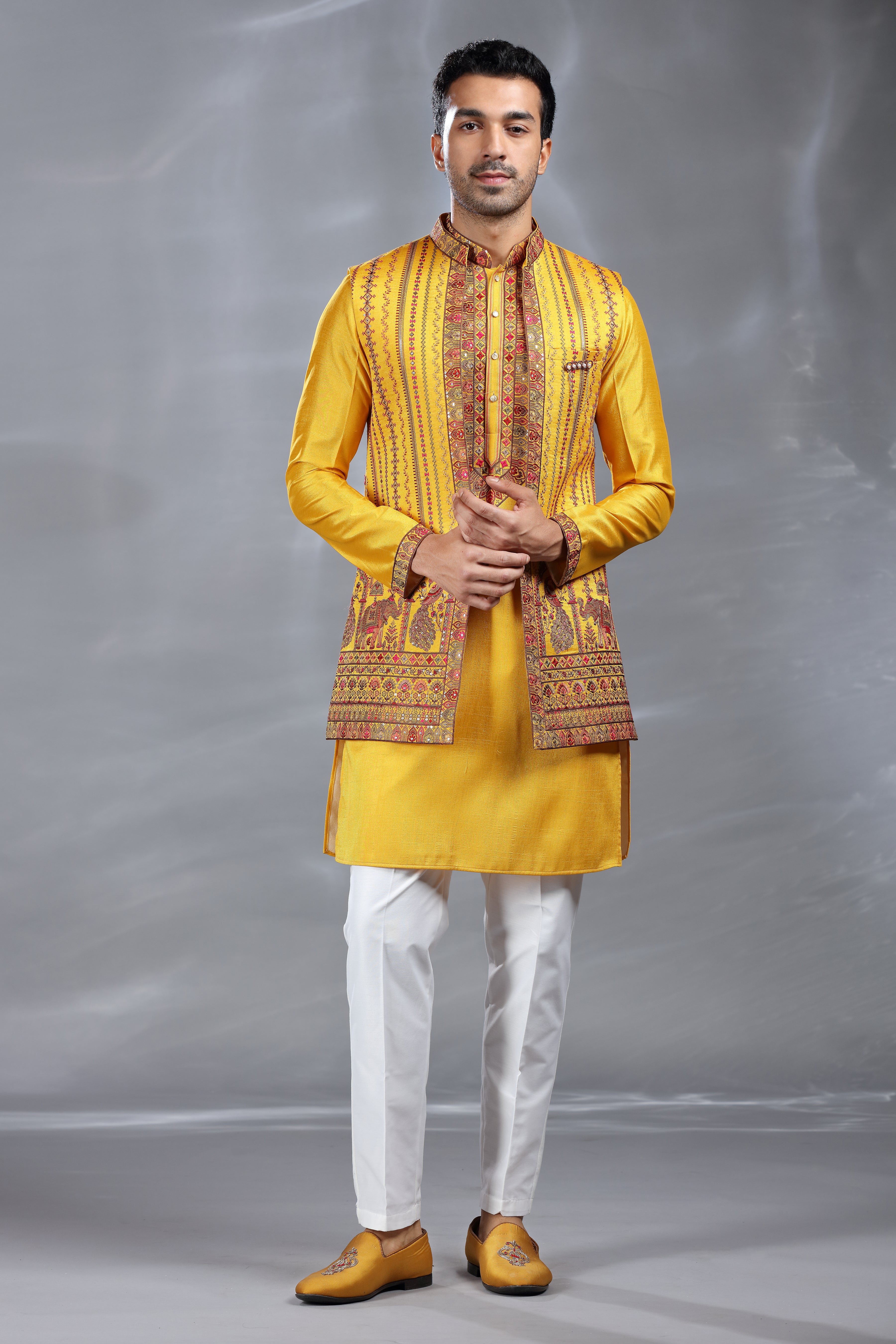 Yellow Silk Jacket Set with Aari & Sequence Work