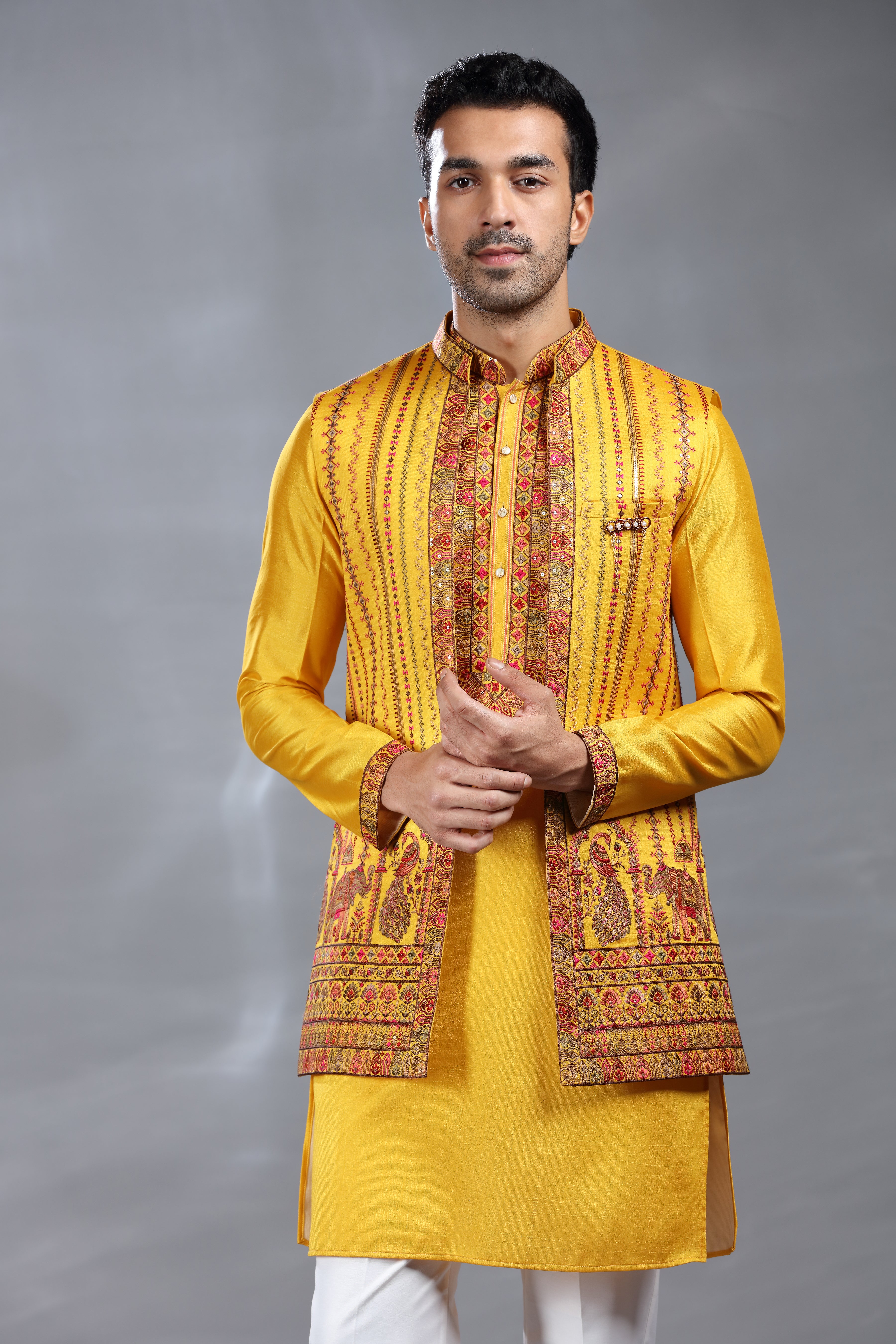 Yellow Silk Jacket Set with Aari & Sequence Work