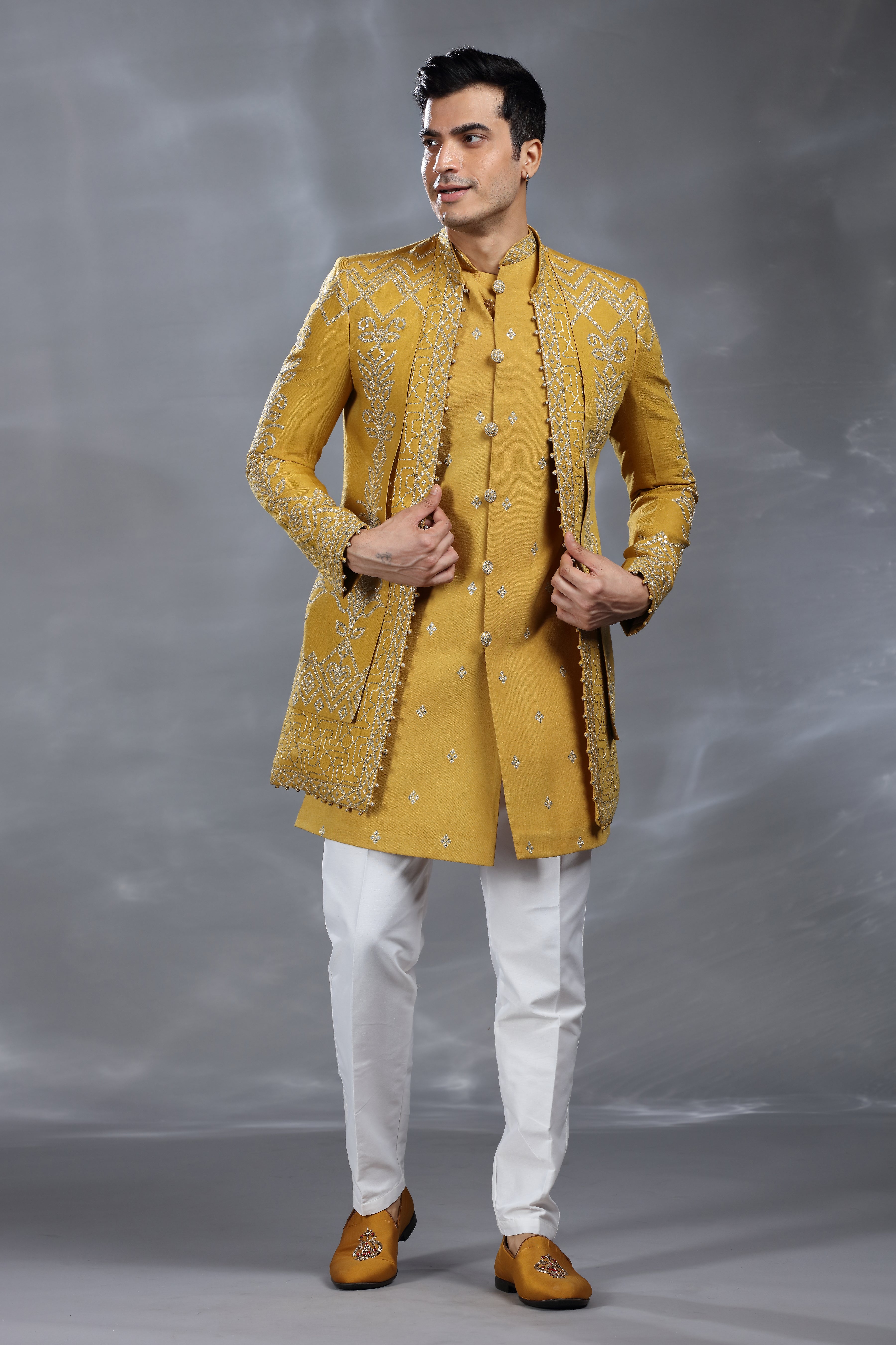 Mustard Yellow Silk Jacket Set with Silver Thread, Aari & Sequence Work