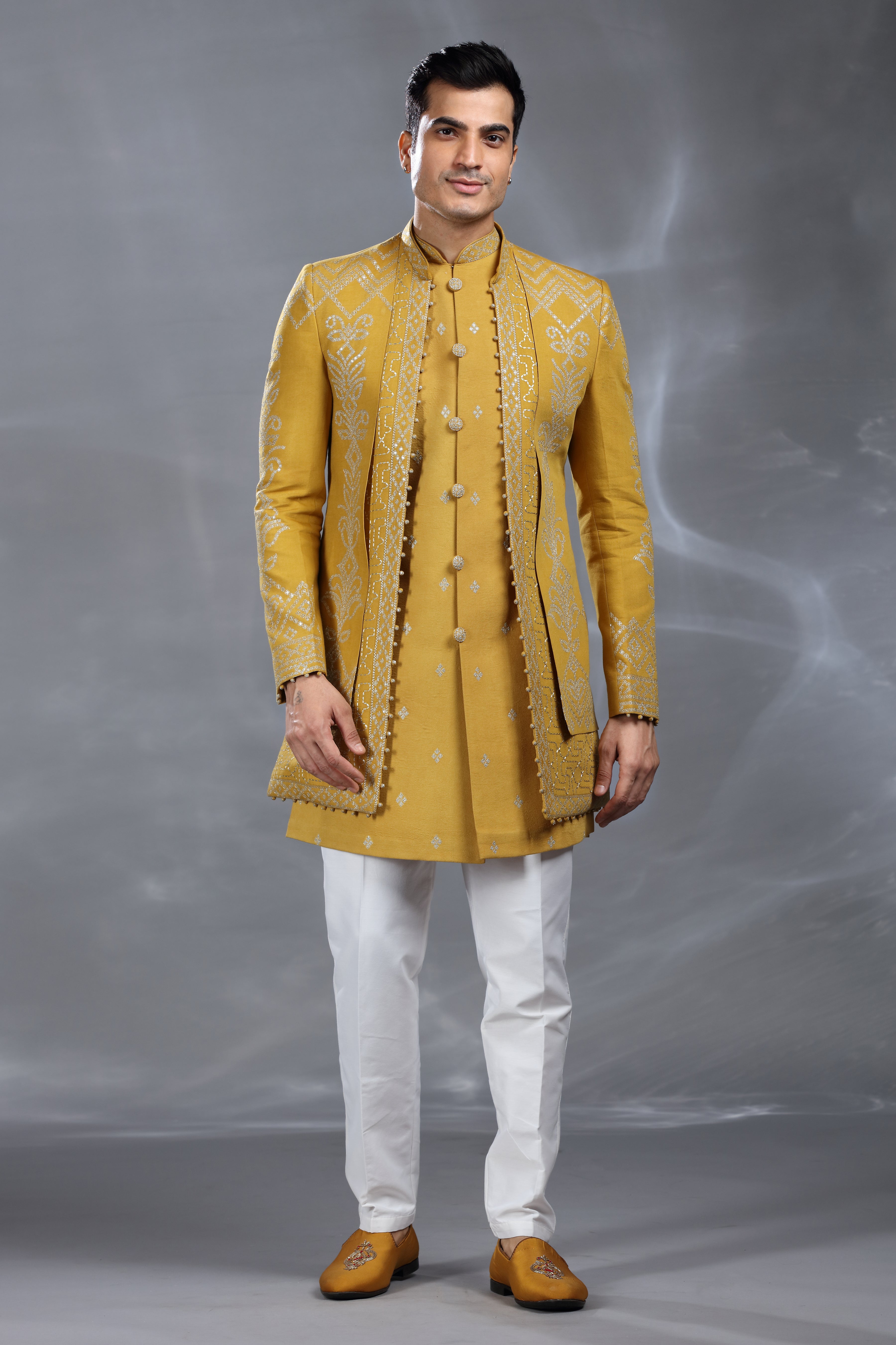 Mustard Yellow Silk Jacket Set with Silver Thread, Aari & Sequence Work