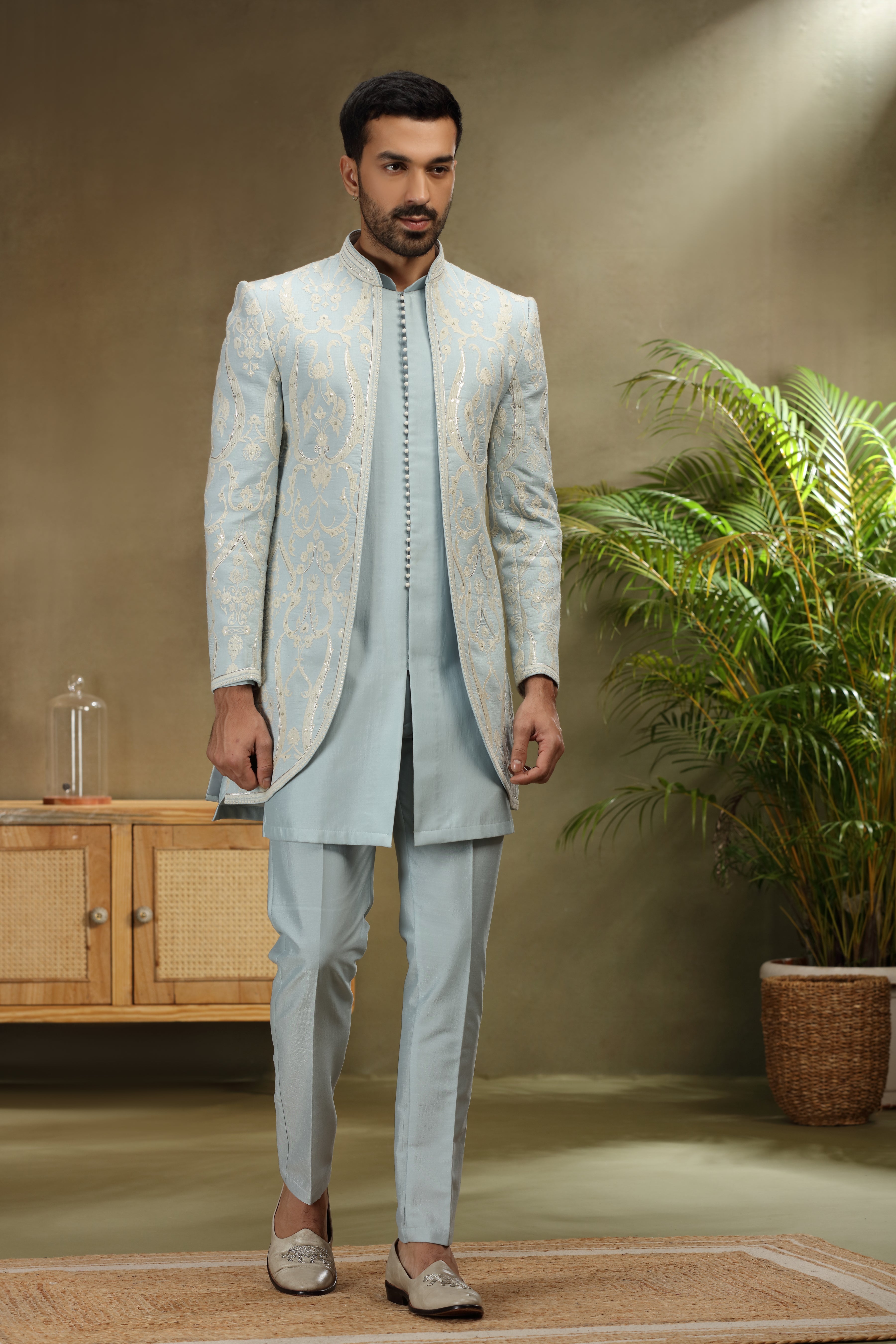 Sky Blue Silk Indo Set with Resham Zardosi Work