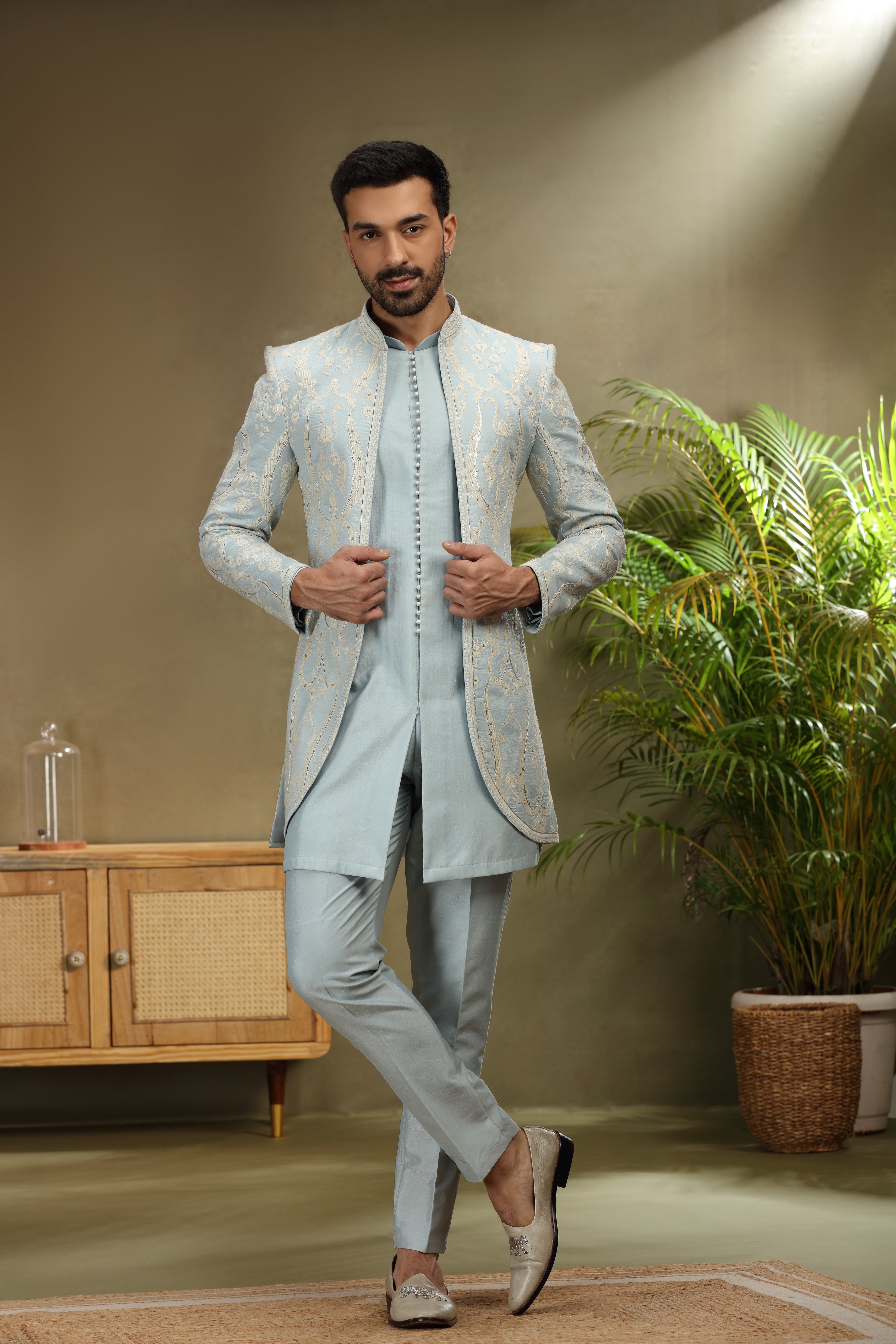 Sky Blue Silk Indo Set with Resham Zardosi Work