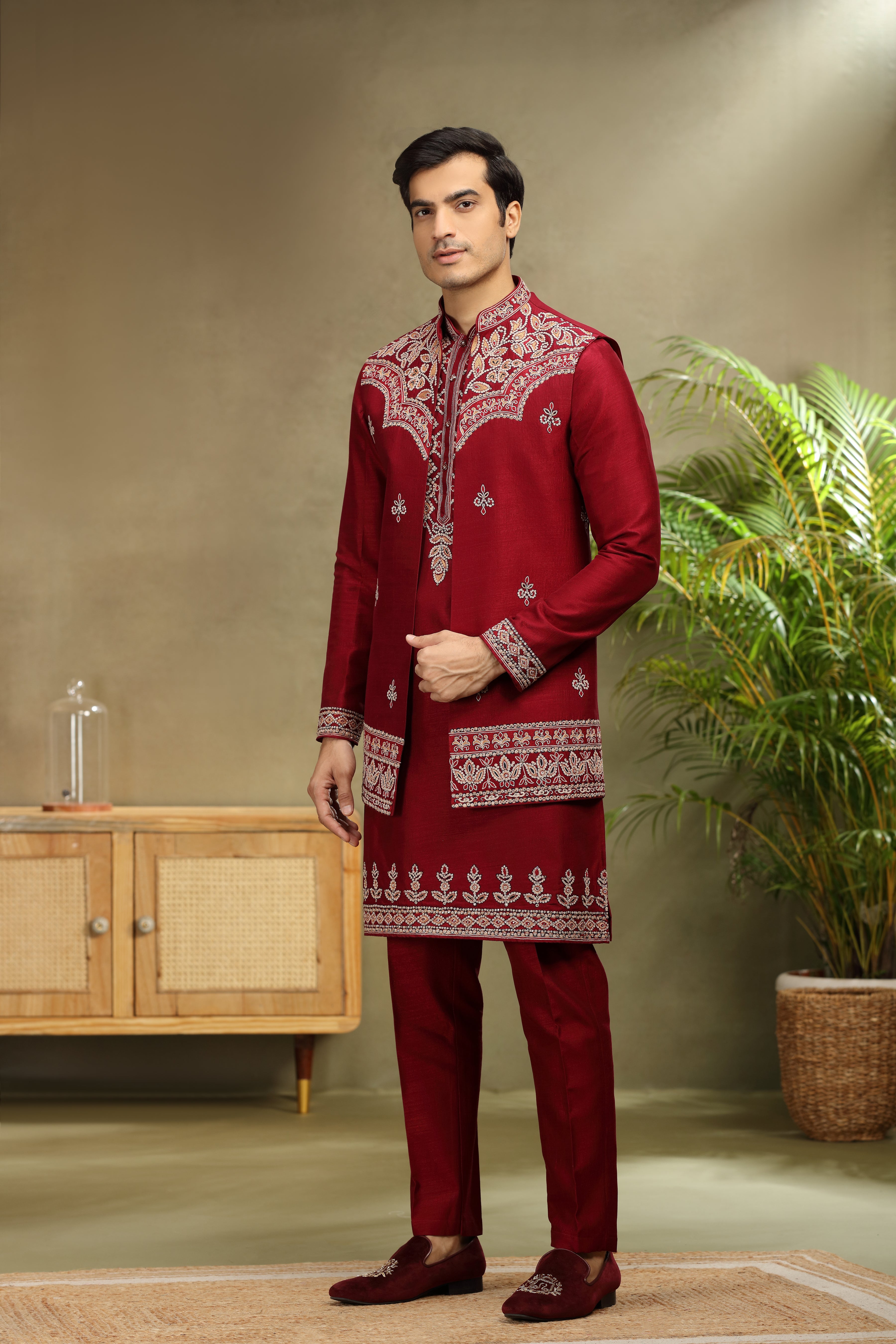 Maroon Silk Koti Kurta Set with Resham Work