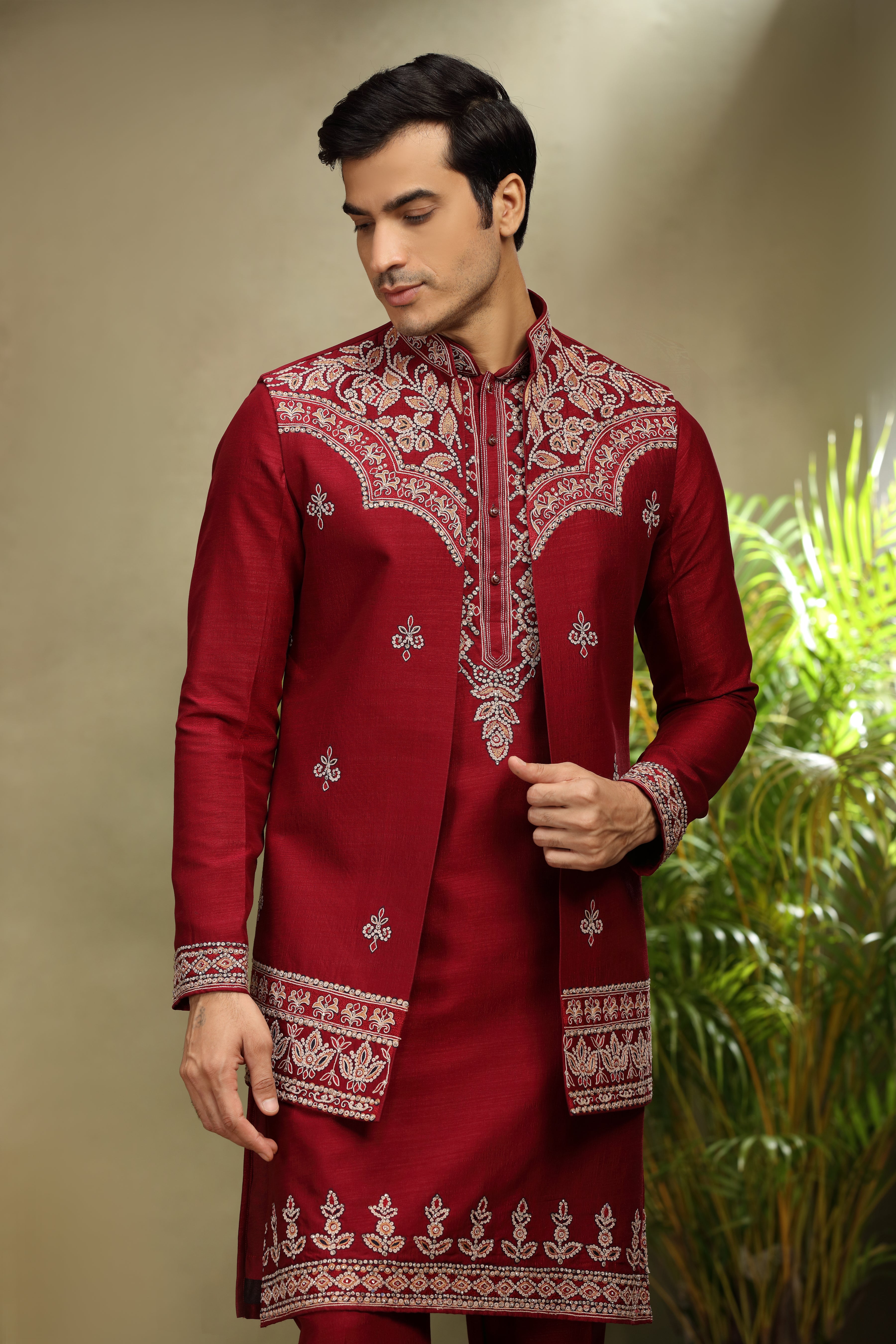 Maroon Silk Koti Kurta Set with Resham Work