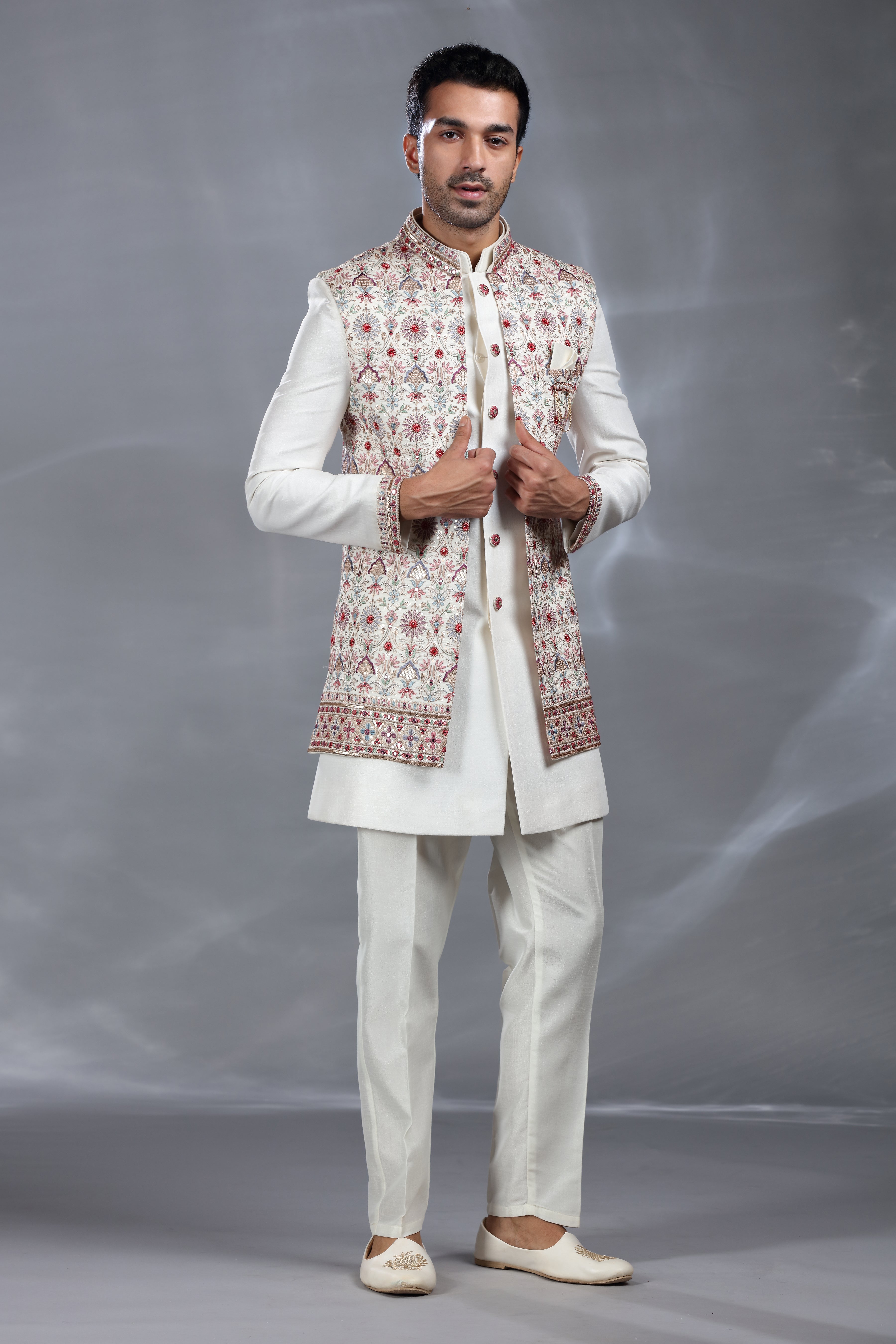 Off-White Silk Jacket Set with Resham Thread, Aari & Sequence Work