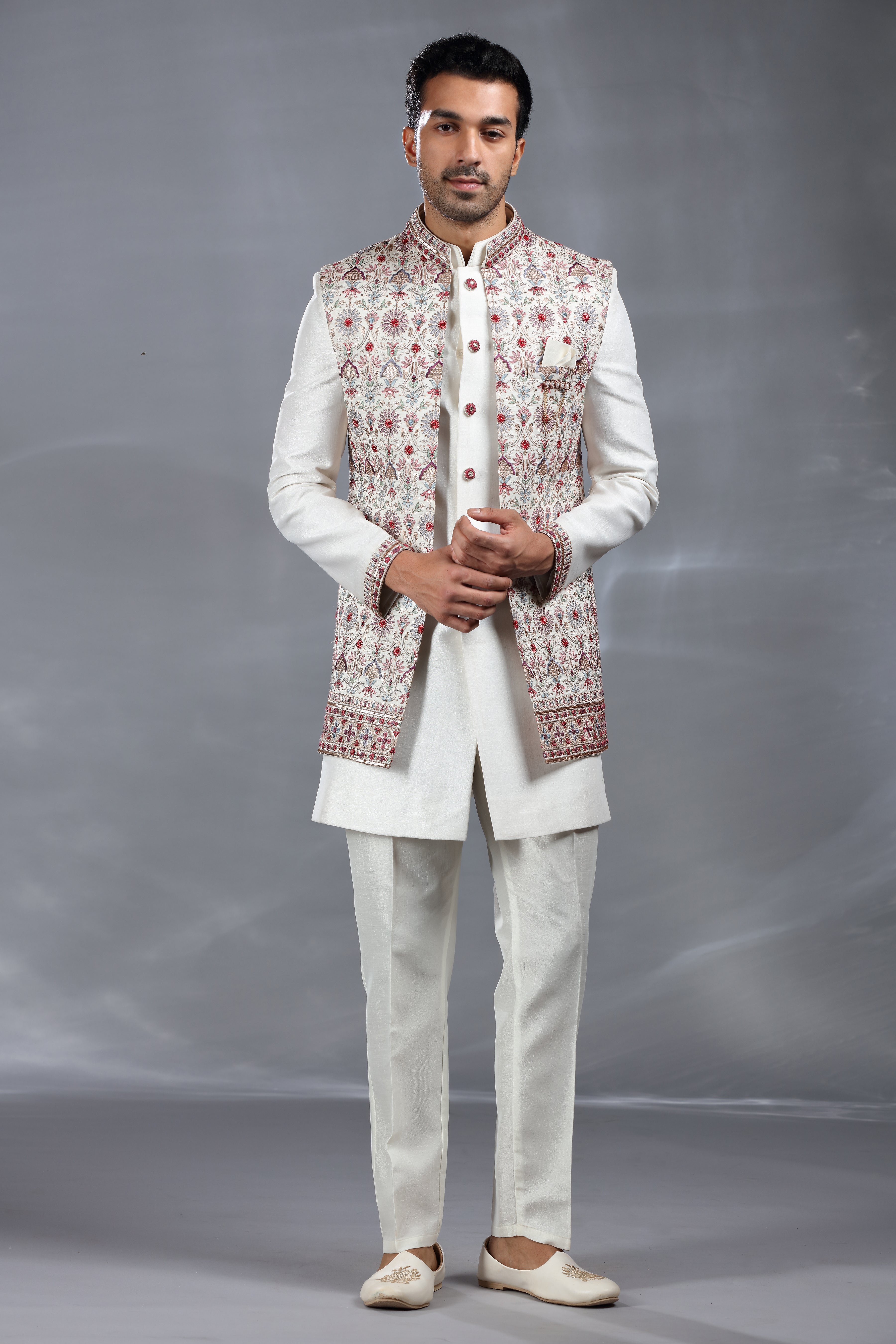 Off-White Silk Jacket Set with Resham Thread, Aari & Sequence Work