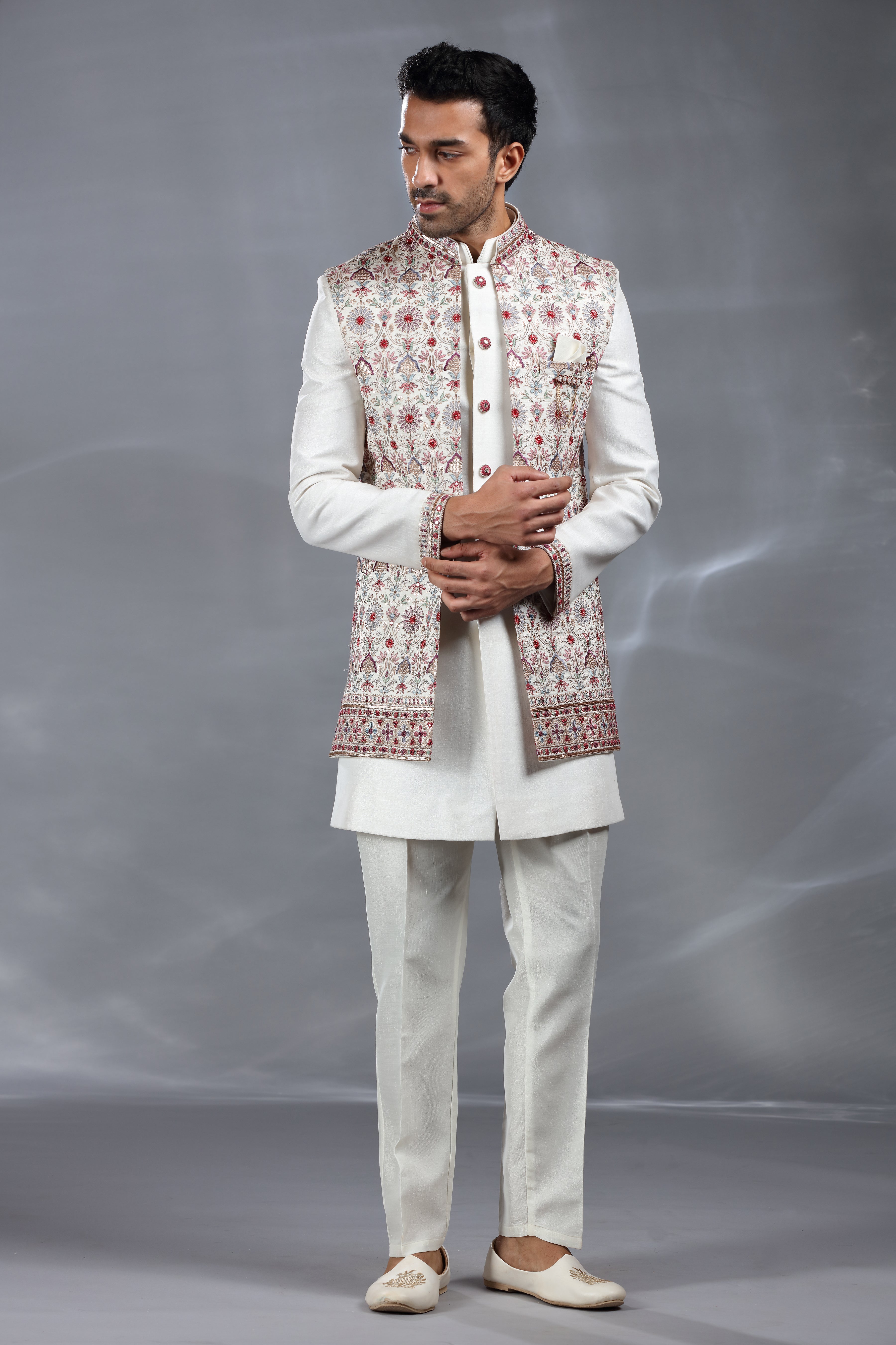 Off-White Silk Jacket Set with Resham Thread, Aari & Sequence Work